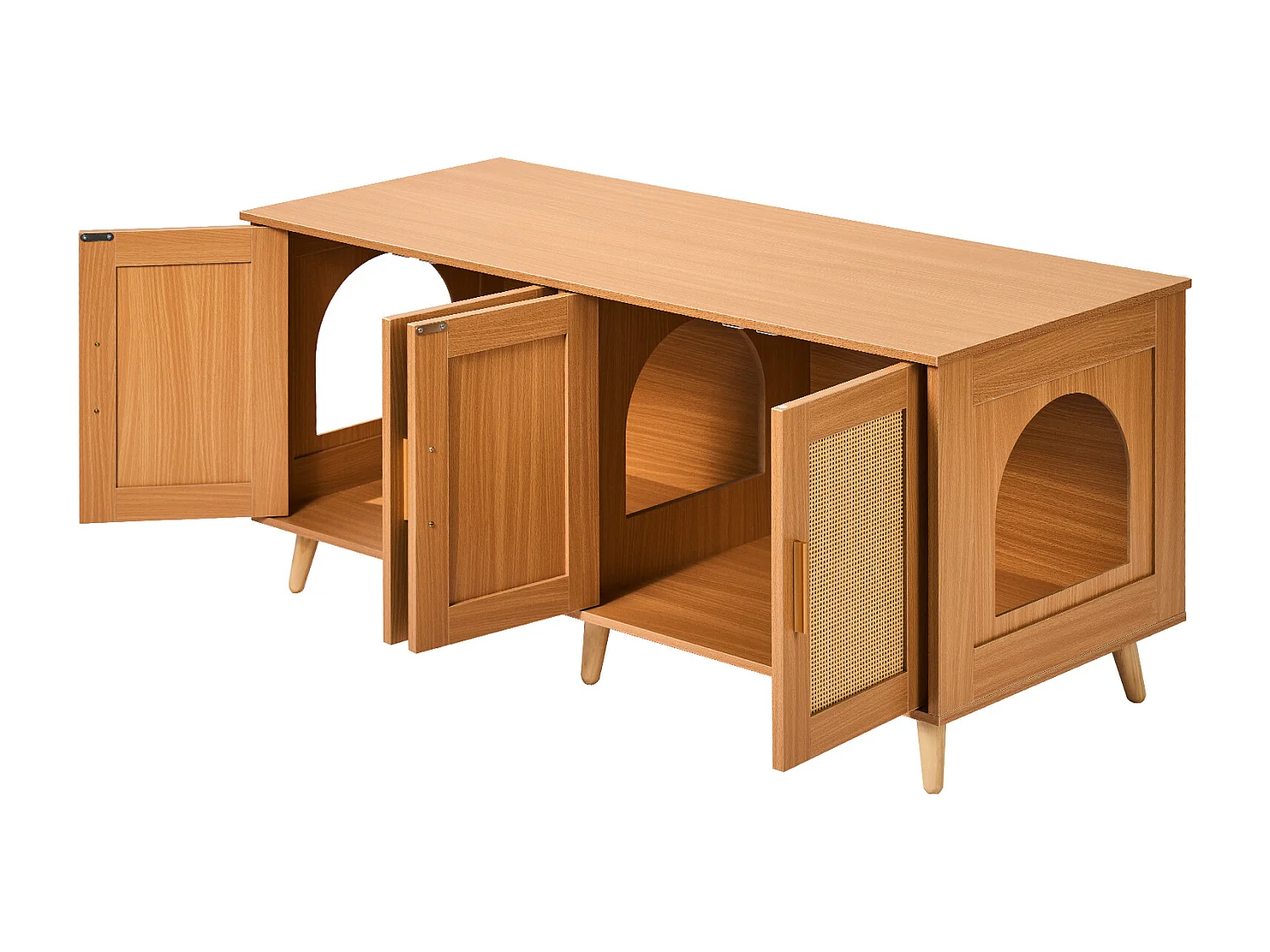 Bac à Litière pour Chat SucceBuy, Meubles Cachés en Bois pour 2 Chats, Intérieur spacieux avec deux fenêtres