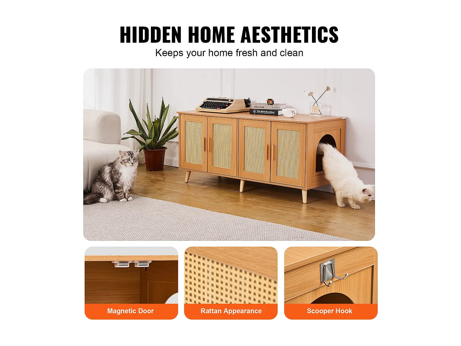 Bac à Litière pour Chat SucceBuy, Meubles Cachés en Bois pour 2 Chats, Intérieur spacieux avec deux fenêtres