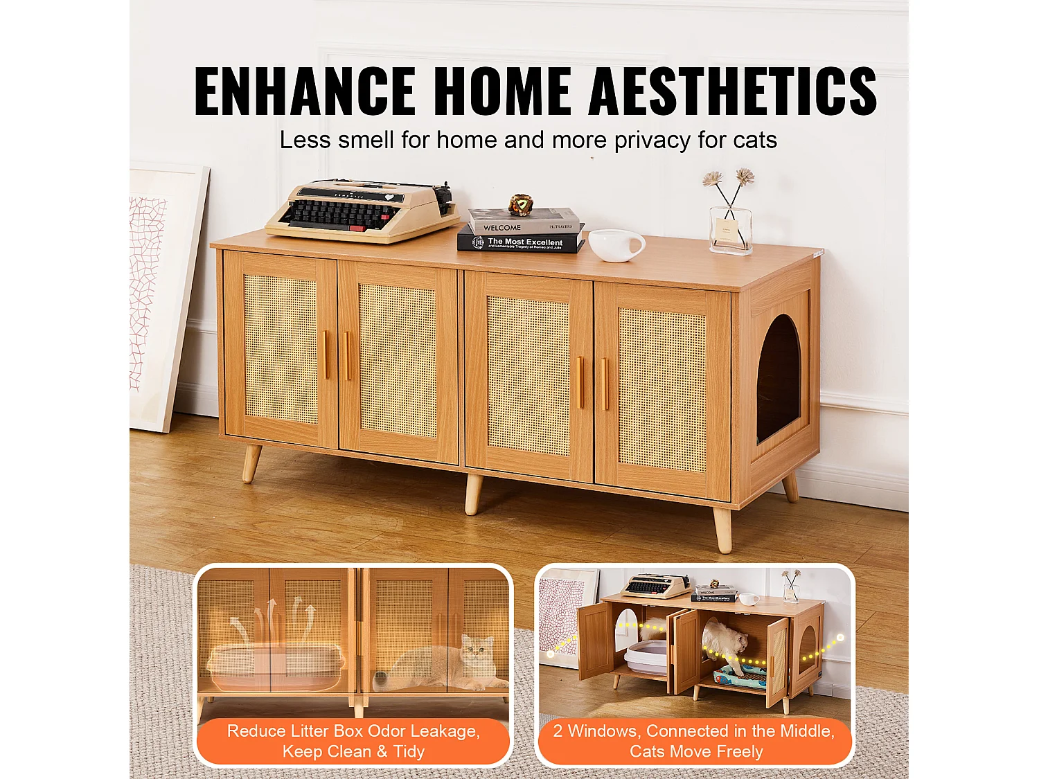 Bac à Litière pour Chat SucceBuy, Meubles Cachés en Bois pour 2 Chats, Intérieur spacieux avec deux fenêtres