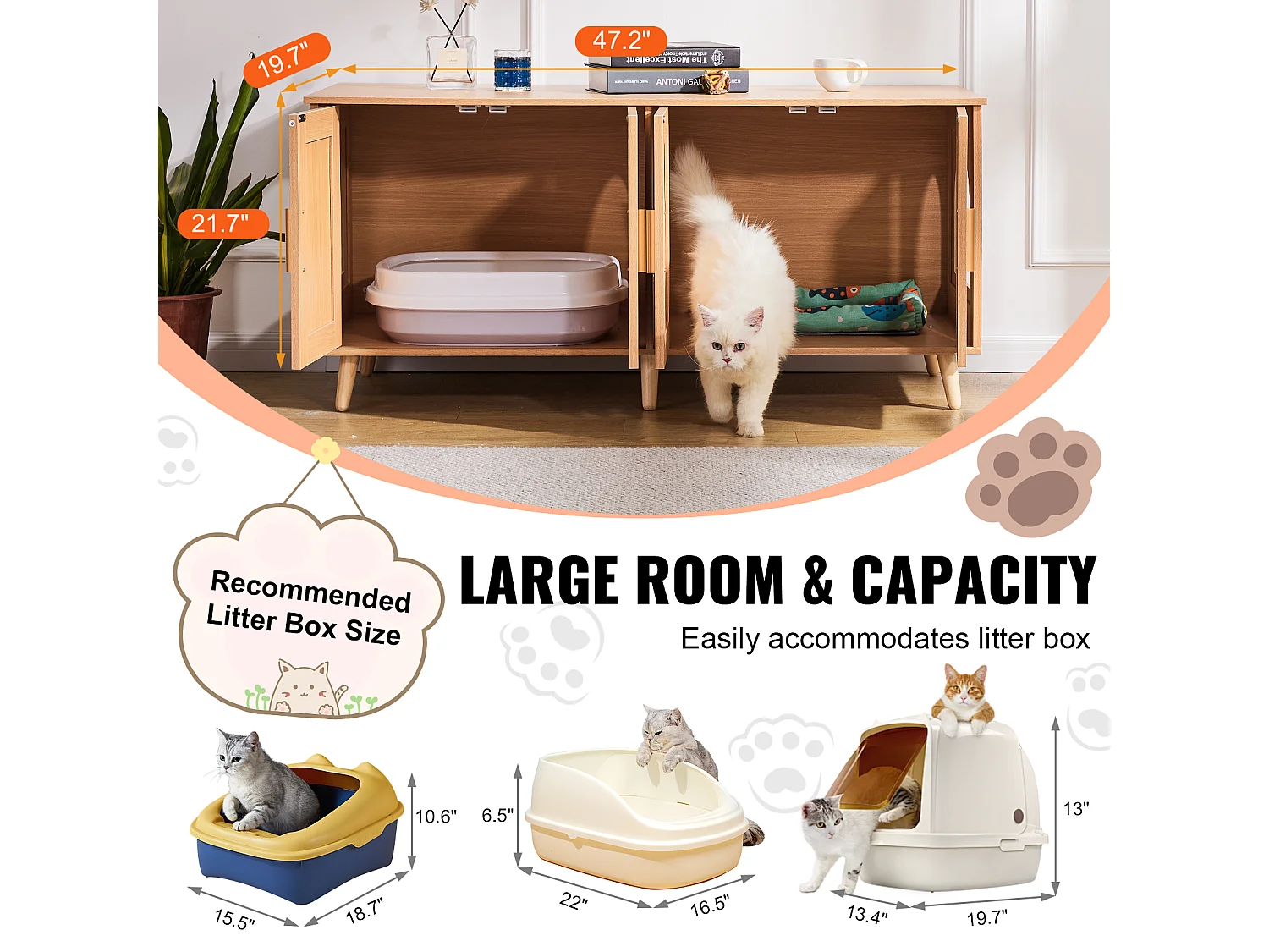 Bac à Litière pour Chat SucceBuy, Meubles Cachés en Bois pour 2 Chats, Intérieur spacieux avec deux fenêtres