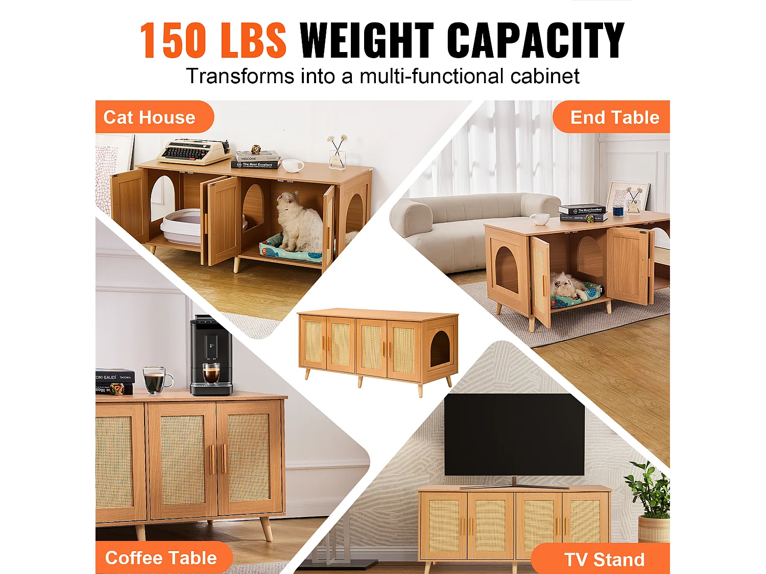 Bac à Litière pour Chat SucceBuy, Meubles Cachés en Bois pour 2 Chats, Intérieur spacieux avec deux fenêtres