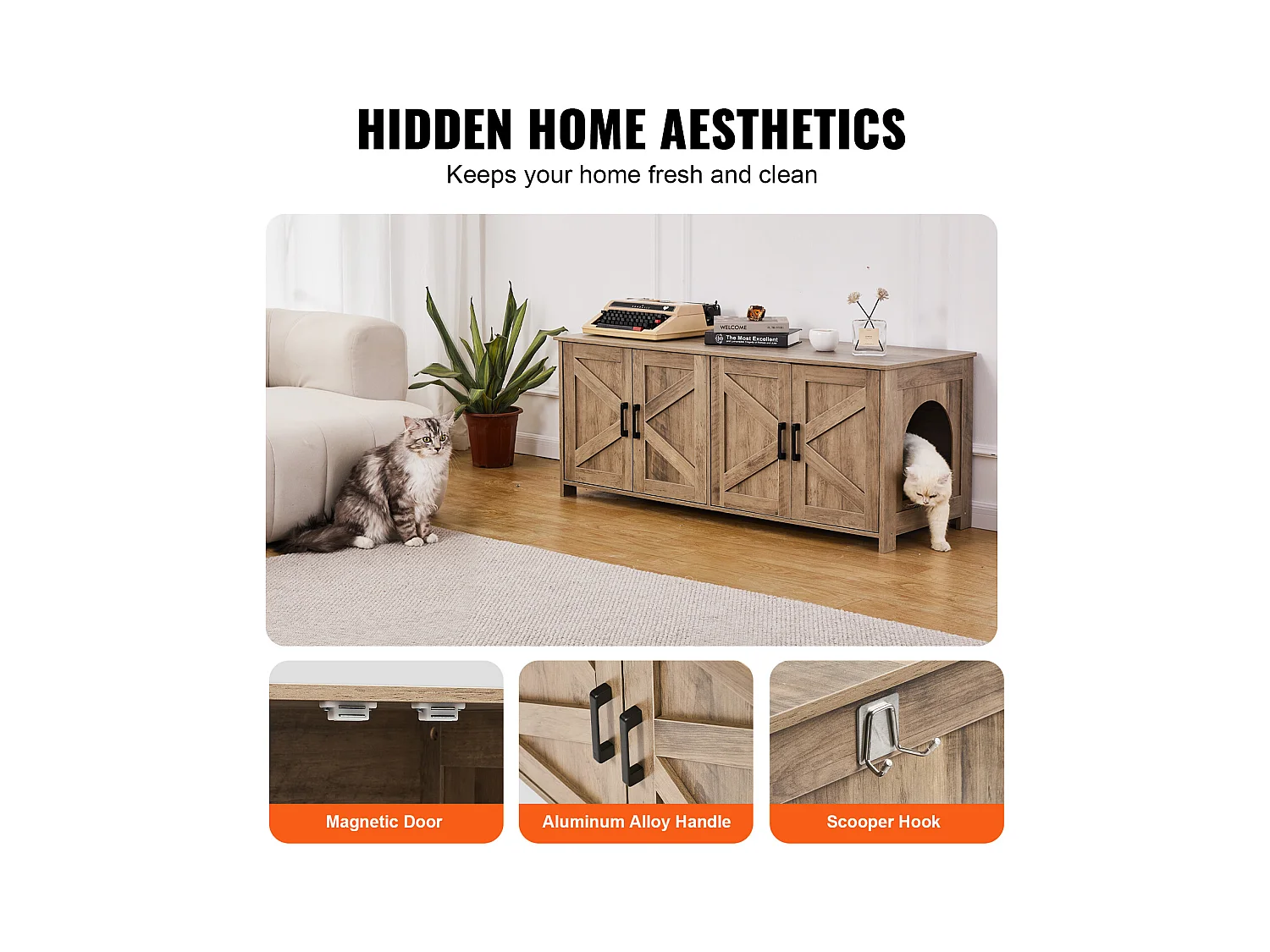 Bac à Litière SucceBuy pour Chat, Meuble Caché en Bois 2 Pièces, , Adapte à la Plupart des Bacs à Litière, Grège