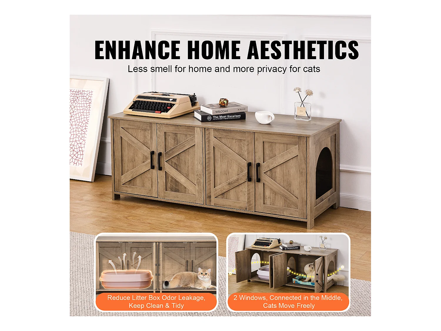 Bac à Litière SucceBuy pour Chat, Meuble Caché en Bois 2 Pièces, , Adapte à la Plupart des Bacs à Litière, Grège