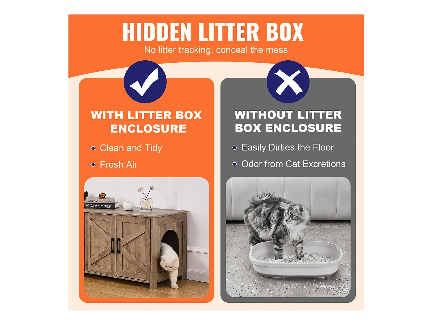 Bac à Litière SucceBuy pour Chat, Meuble Caché en Bois 2 Pièces, , Adapte à la Plupart des Bacs à Litière, Grège