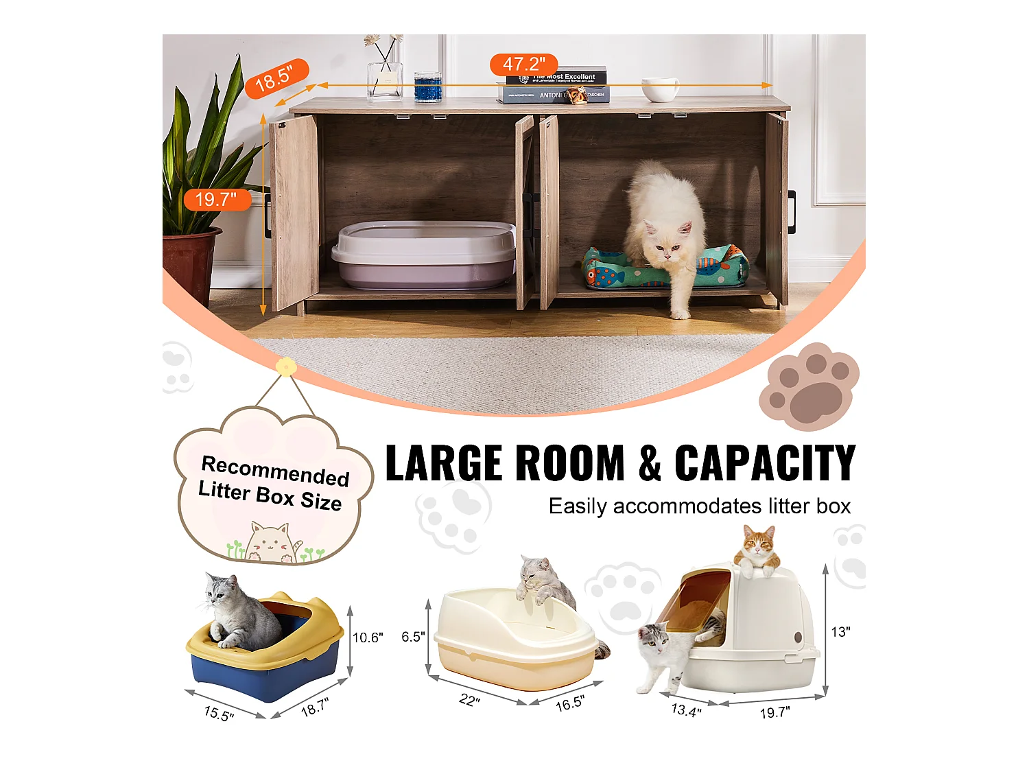 Bac à Litière SucceBuy pour Chat, Meuble Caché en Bois 2 Pièces, , Adapte à la Plupart des Bacs à Litière, Grège