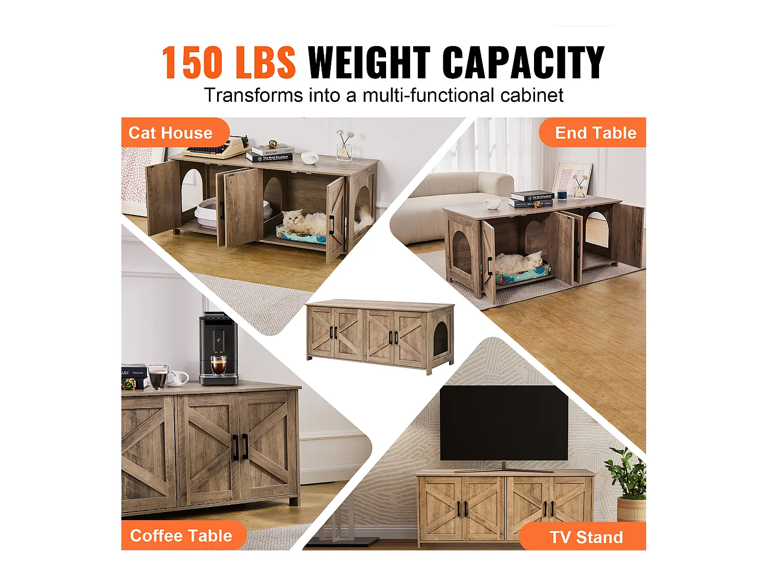 Bac à Litière SucceBuy pour Chat, Meuble Caché en Bois 2 Pièces, , Adapte à la Plupart des Bacs à Litière, Grège