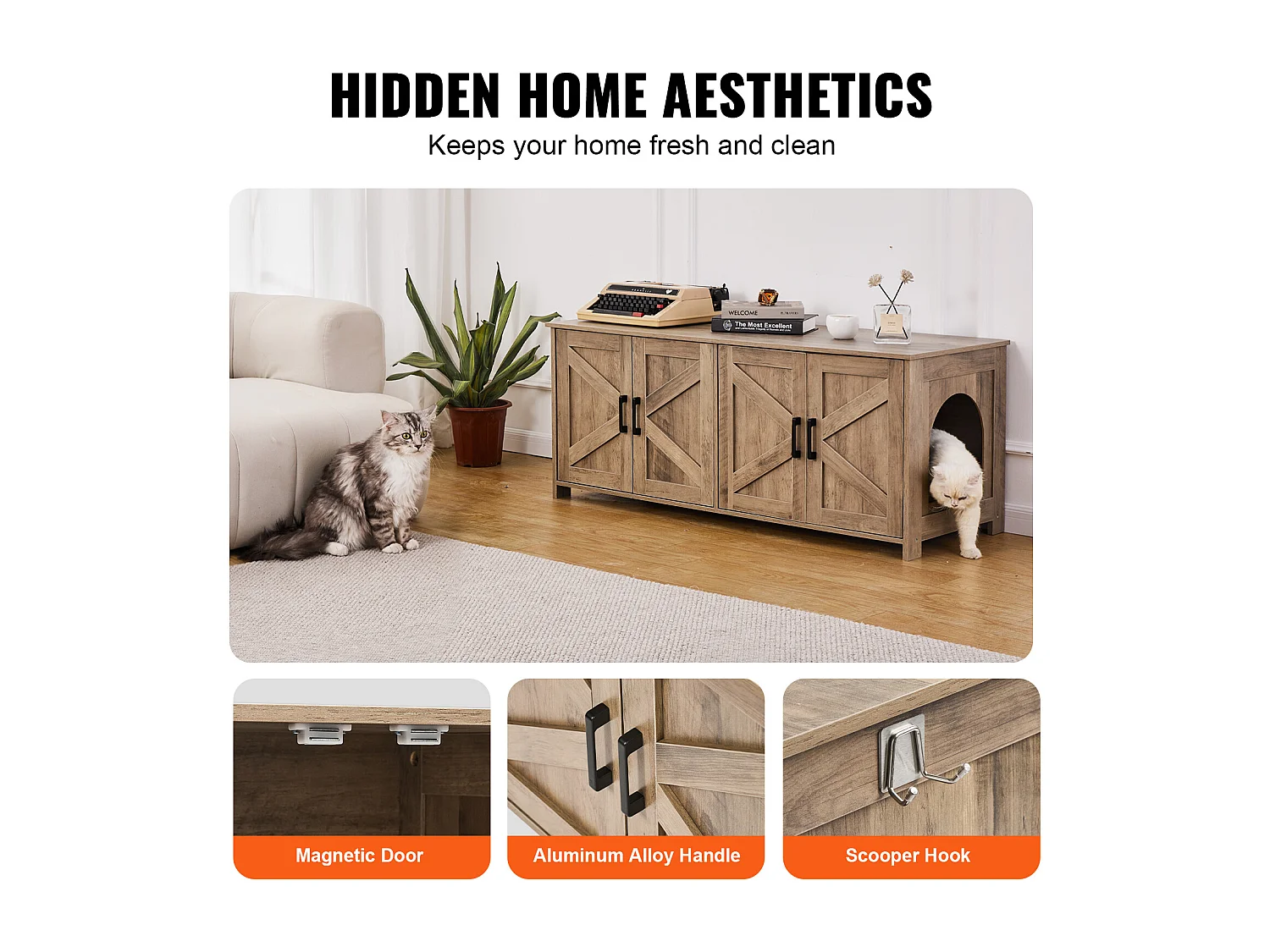 Bac à Litière SucceBuy pour Chat, Meuble Caché en Bois 2 Pièces, , Adapte à la Plupart des Bacs à Litière, Grège