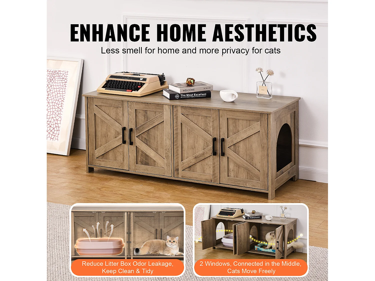 Bac à Litière SucceBuy pour Chat, Meuble Caché en Bois 2 Pièces, , Adapte à la Plupart des Bacs à Litière, Grège