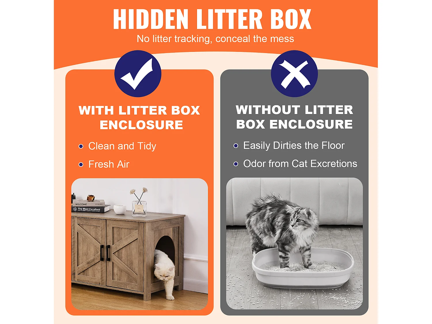 Bac à Litière SucceBuy pour Chat, Meuble Caché en Bois 2 Pièces, , Adapte à la Plupart des Bacs à Litière, Grège