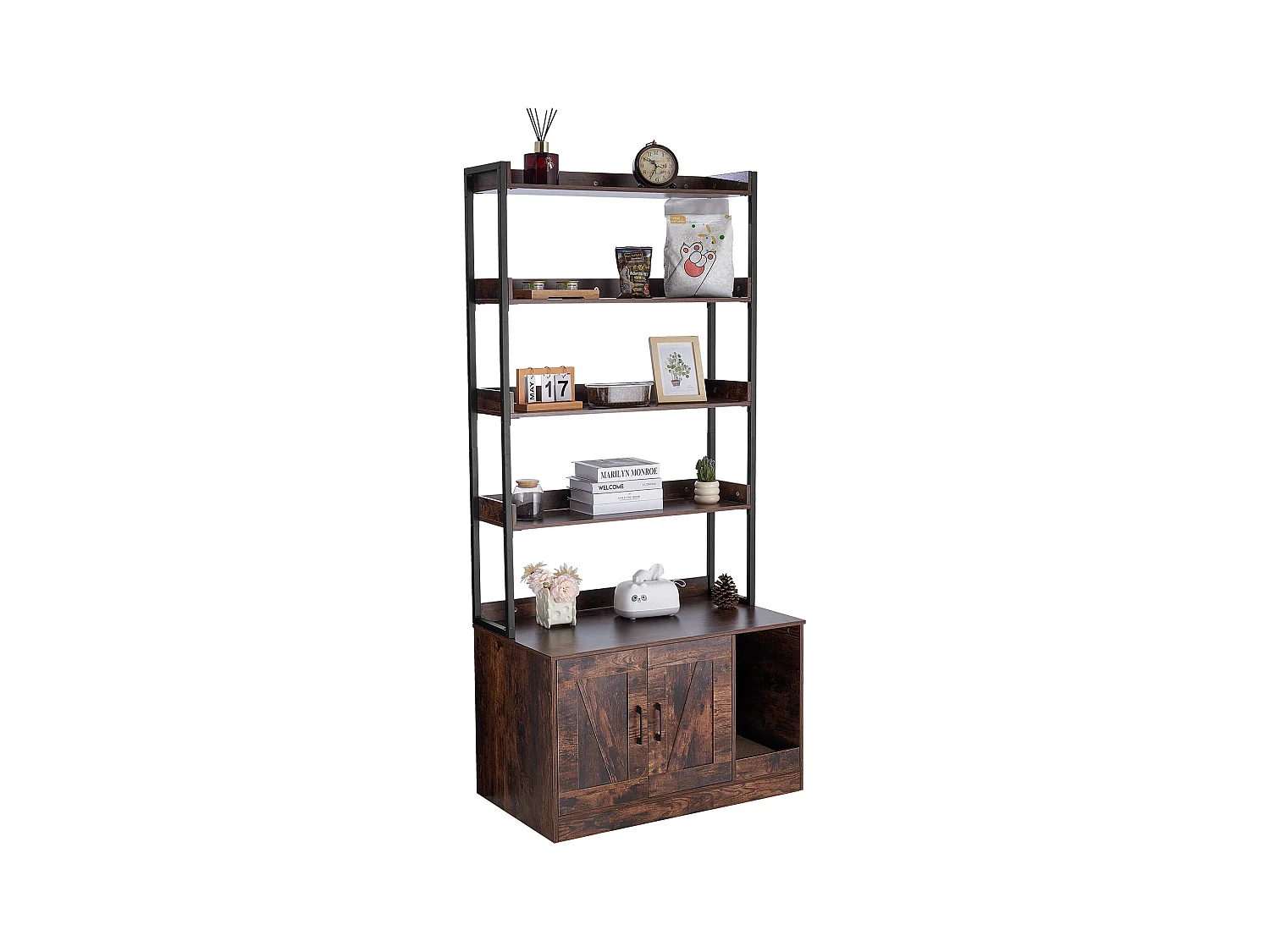 Enceinte de Litière pour Chat SucceBuy, Meuble en Bois Caché avec 4 Étagères, Offrant un Espace Privé pour Animal