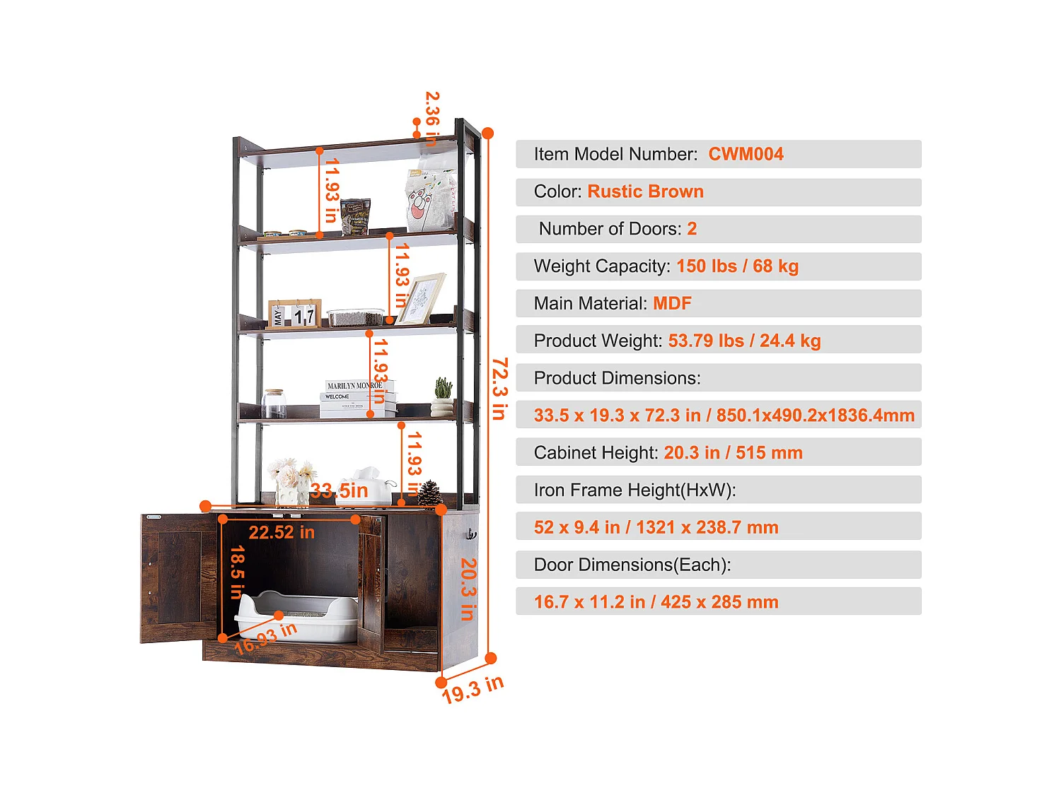 Enceinte de Litière pour Chat SucceBuy, Meuble en Bois Caché avec 4 Étagères, Offrant un Espace Privé pour Animal