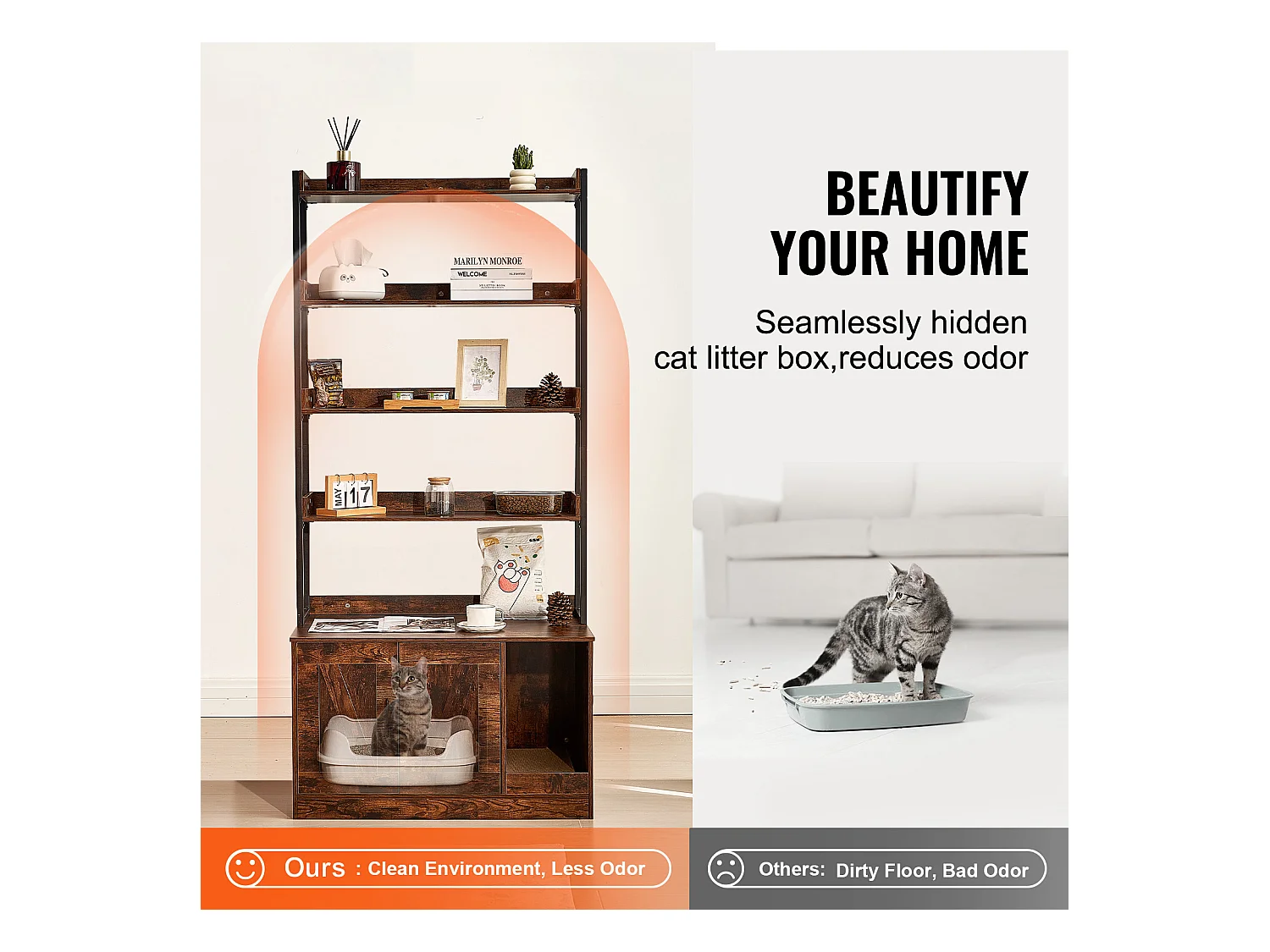 Enceinte de Litière pour Chat SucceBuy, Meuble en Bois Caché avec 4 Étagères, Offrant un Espace Privé pour Animal