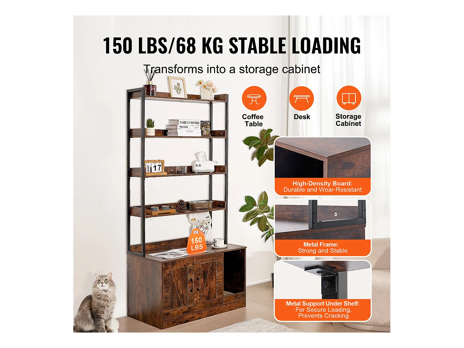 Enceinte de Litière pour Chat SucceBuy, Meuble en Bois Caché avec 4 Étagères, Offrant un Espace Privé pour Animal