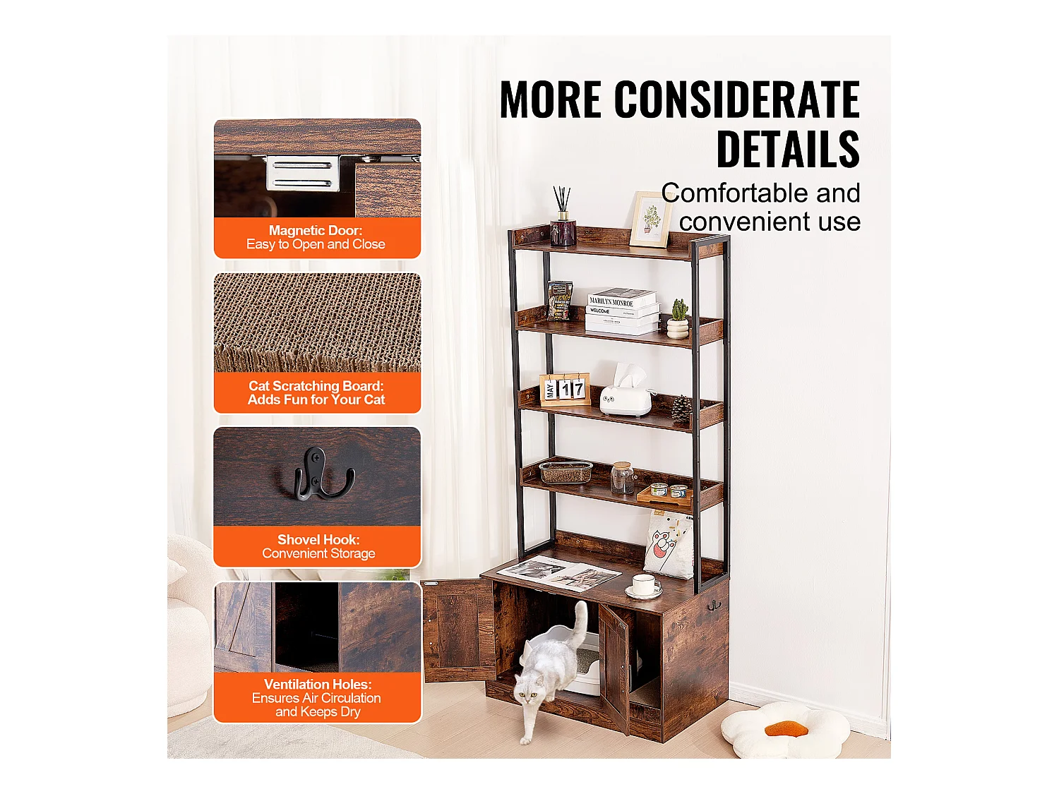 Enceinte de Litière pour Chat SucceBuy, Meuble en Bois Caché avec 4 Étagères, Offrant un Espace Privé pour Animal