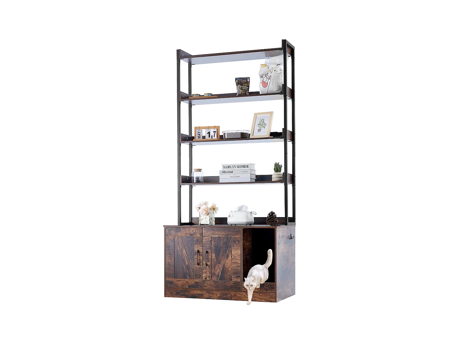 Enceinte de Litière pour Chat SucceBuy, Meuble en Bois Caché avec 4 Étagères, Offrant un Espace Privé pour Animal