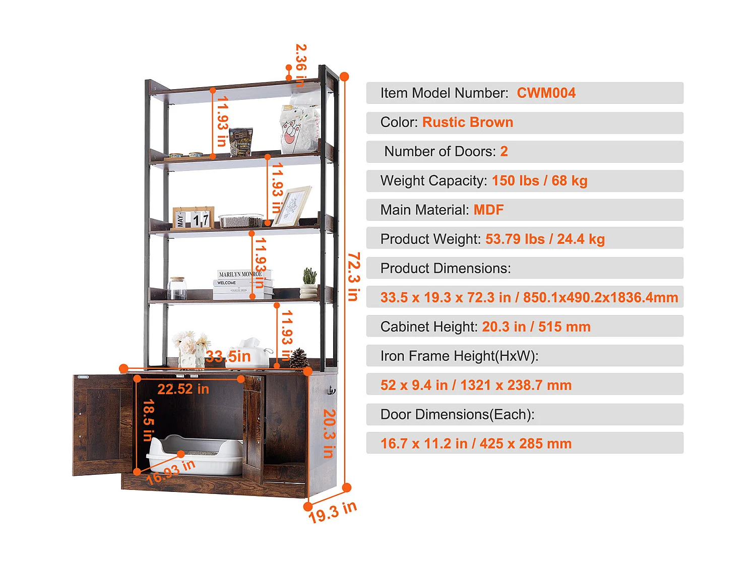 Enceinte de Litière pour Chat SucceBuy, Meuble en Bois Caché avec 4 Étagères, Offrant un Espace Privé pour Animal