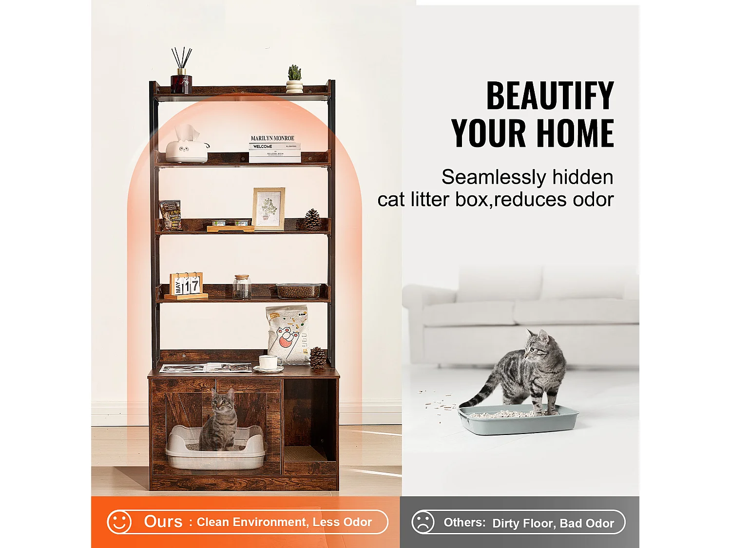 Enceinte de Litière pour Chat SucceBuy, Meuble en Bois Caché avec 4 Étagères, Offrant un Espace Privé pour Animal