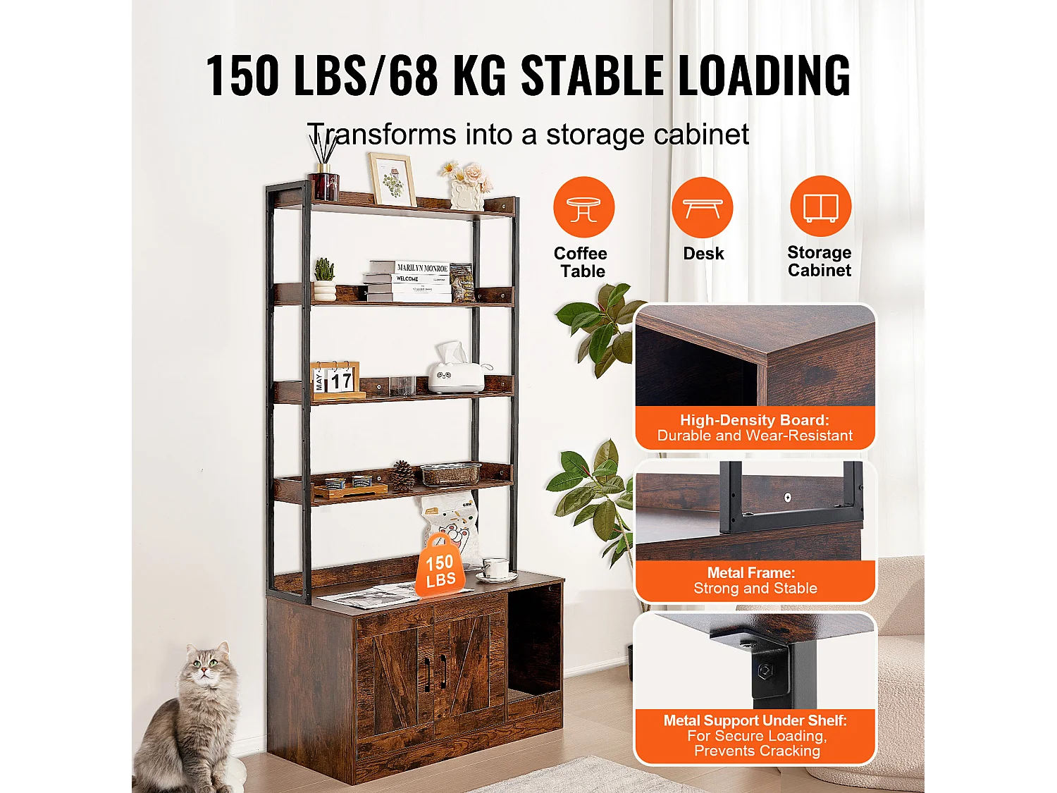 Enceinte de Litière pour Chat SucceBuy, Meuble en Bois Caché avec 4 Étagères, Offrant un Espace Privé pour Animal