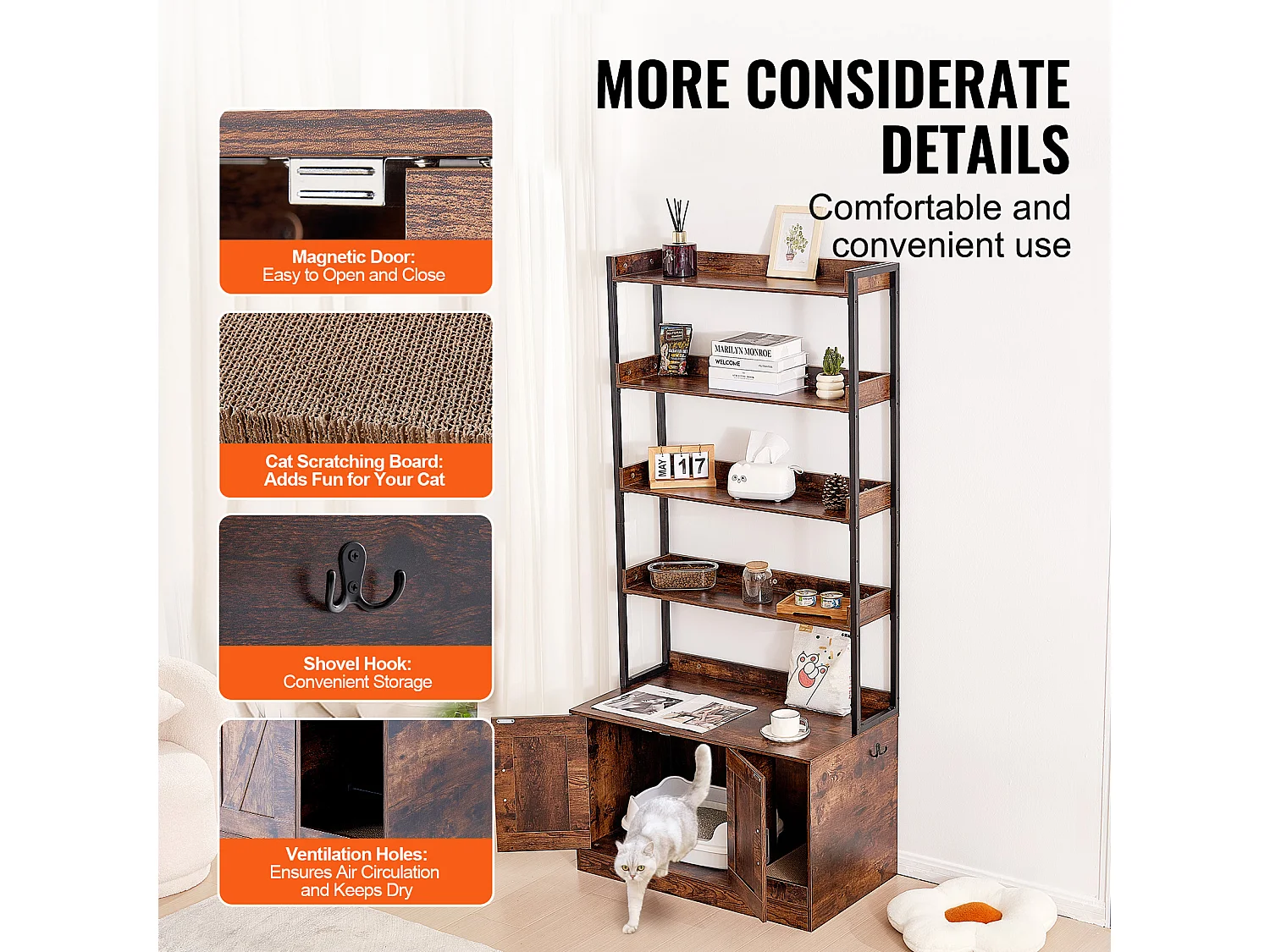 Enceinte de Litière pour Chat SucceBuy, Meuble en Bois Caché avec 4 Étagères, Offrant un Espace Privé pour Animal