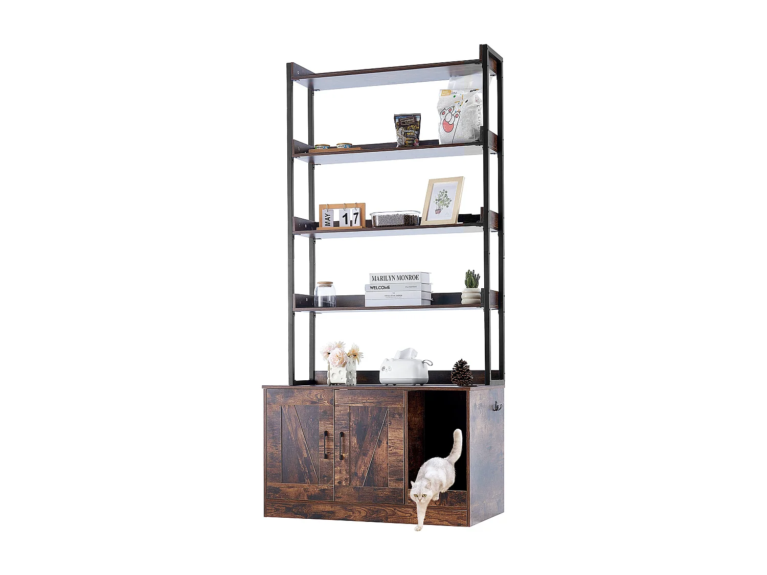 Enceinte de Litière pour Chat SucceBuy, Meuble en Bois Caché avec 4 Étagères, Offrant un Espace Privé pour Animal