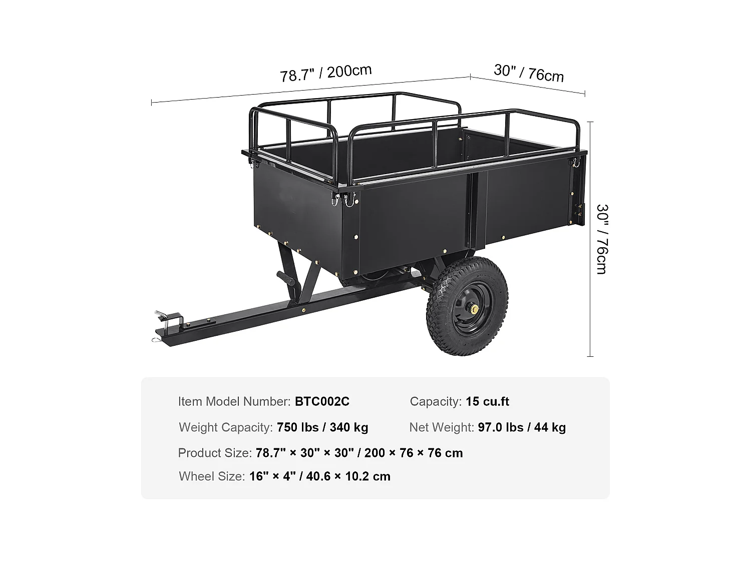 Chariot à Benne Basculante en Acier SucceBuy, Capacité de Charge 340 kg, 0.42 m3, pour Tracteur, Tondeuse à Gazon, VTT
