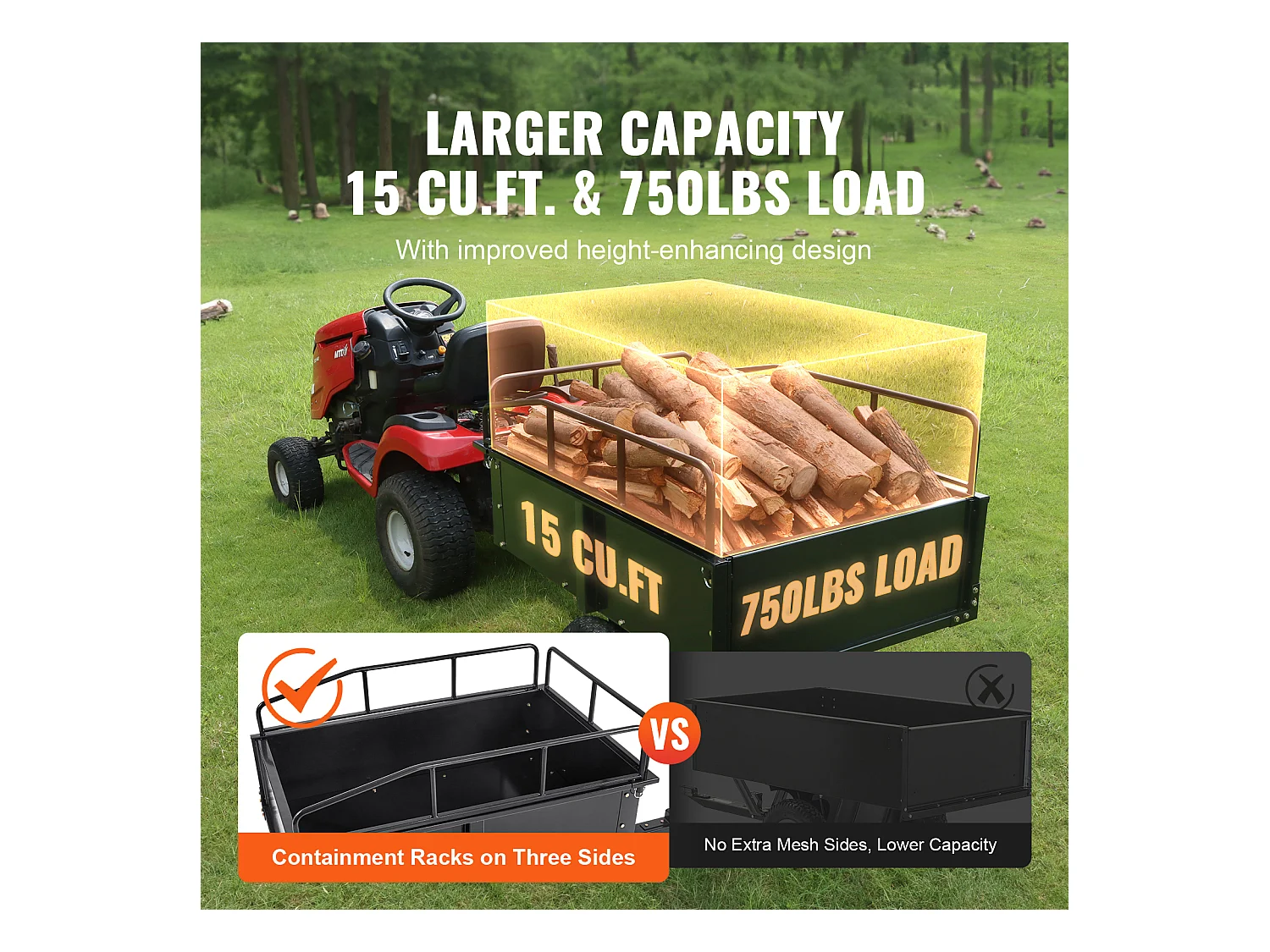 Chariot à Benne Basculante en Acier SucceBuy, Capacité de Charge 340 kg, 0.42 m3, pour Tracteur, Tondeuse à Gazon, VTT