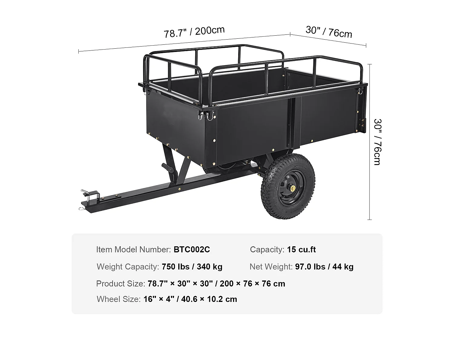 Chariot à Benne Basculante en Acier SucceBuy, Capacité de Charge 340 kg, 0.42 m3, pour Tracteur, Tondeuse à Gazon