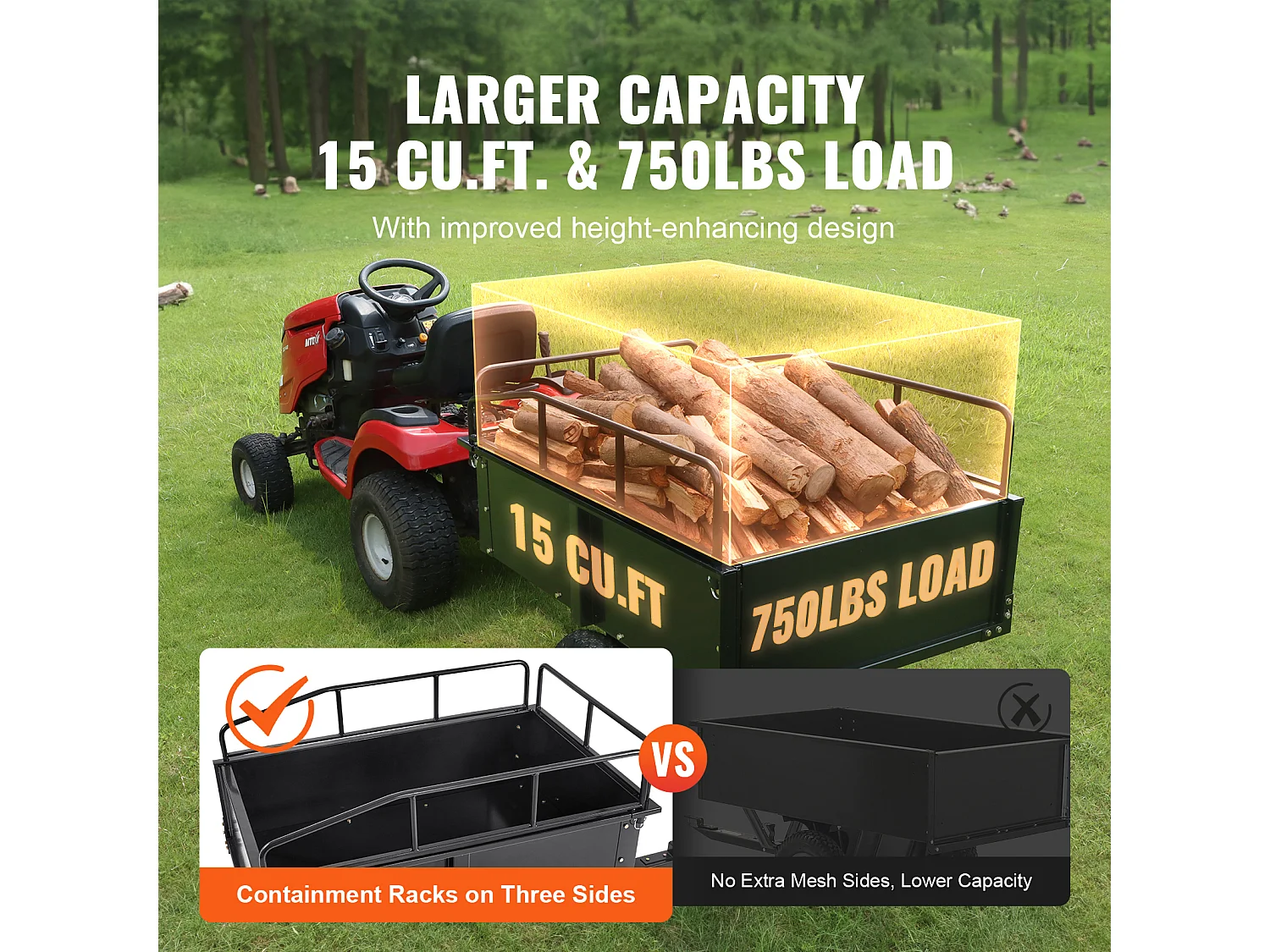 Chariot à Benne Basculante en Acier SucceBuy, Capacité de Charge 340 kg, 0.42 m3, pour Tracteur, Tondeuse à Gazon