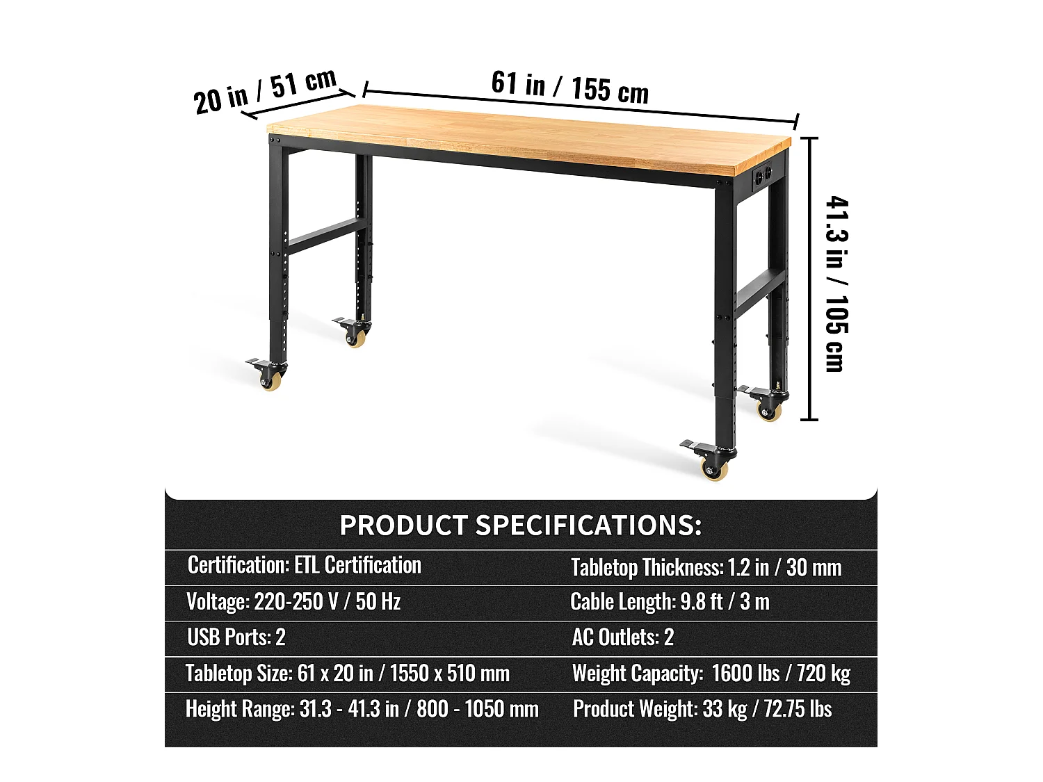 Établi Réglable SucceBuy, 155x51x105 cm, Hauteur Réglable 80-105 cm, avec 4 Roulettes pour Réparation Bricolage