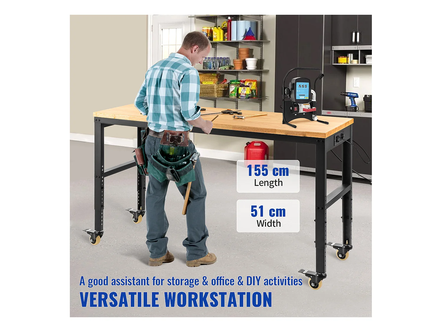 Établi Réglable SucceBuy, 155x51x105 cm, Hauteur Réglable 80-105 cm, avec 4 Roulettes pour Réparation Bricolage