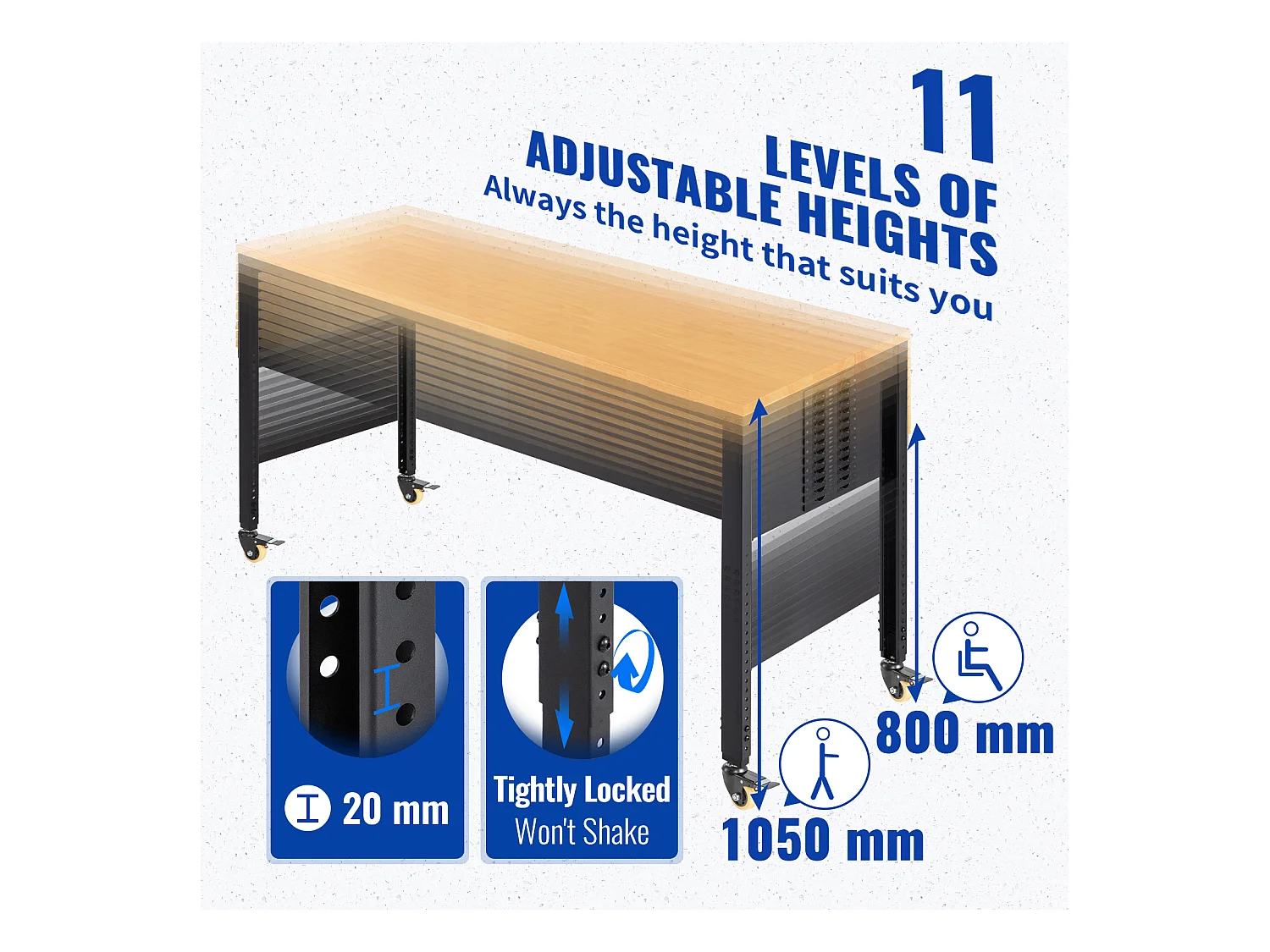 Établi Réglable SucceBuy, 155x51x105 cm, Hauteur Réglable 80-105 cm, avec 4 Roulettes pour Réparation Bricolage