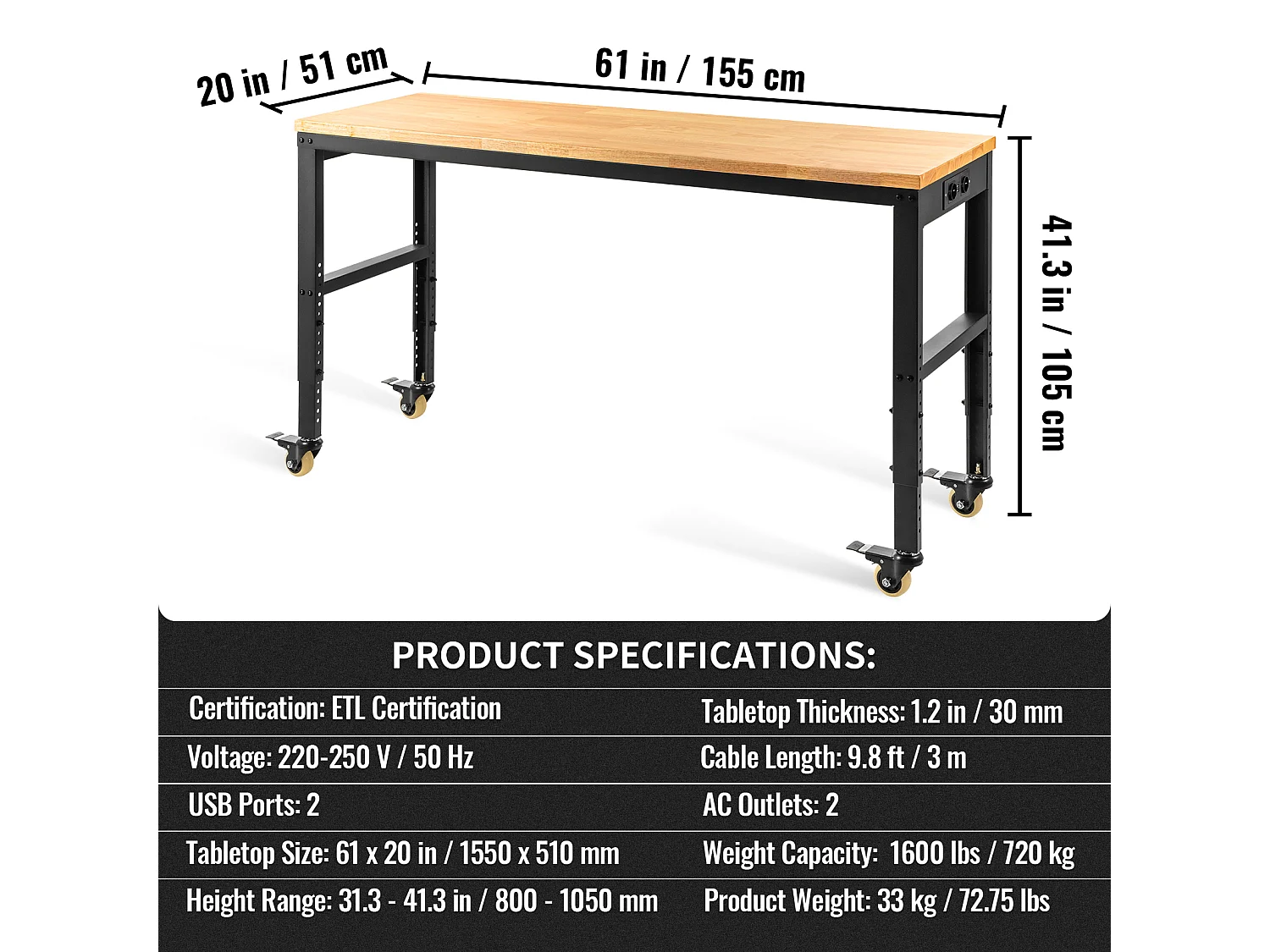 Instelbare Werkbank SucceBuy, 155x51x105 cm, Instelbare Hoogte 80-105 cm, met 4 Rolis voor Reparatie en Doe-het-zelf