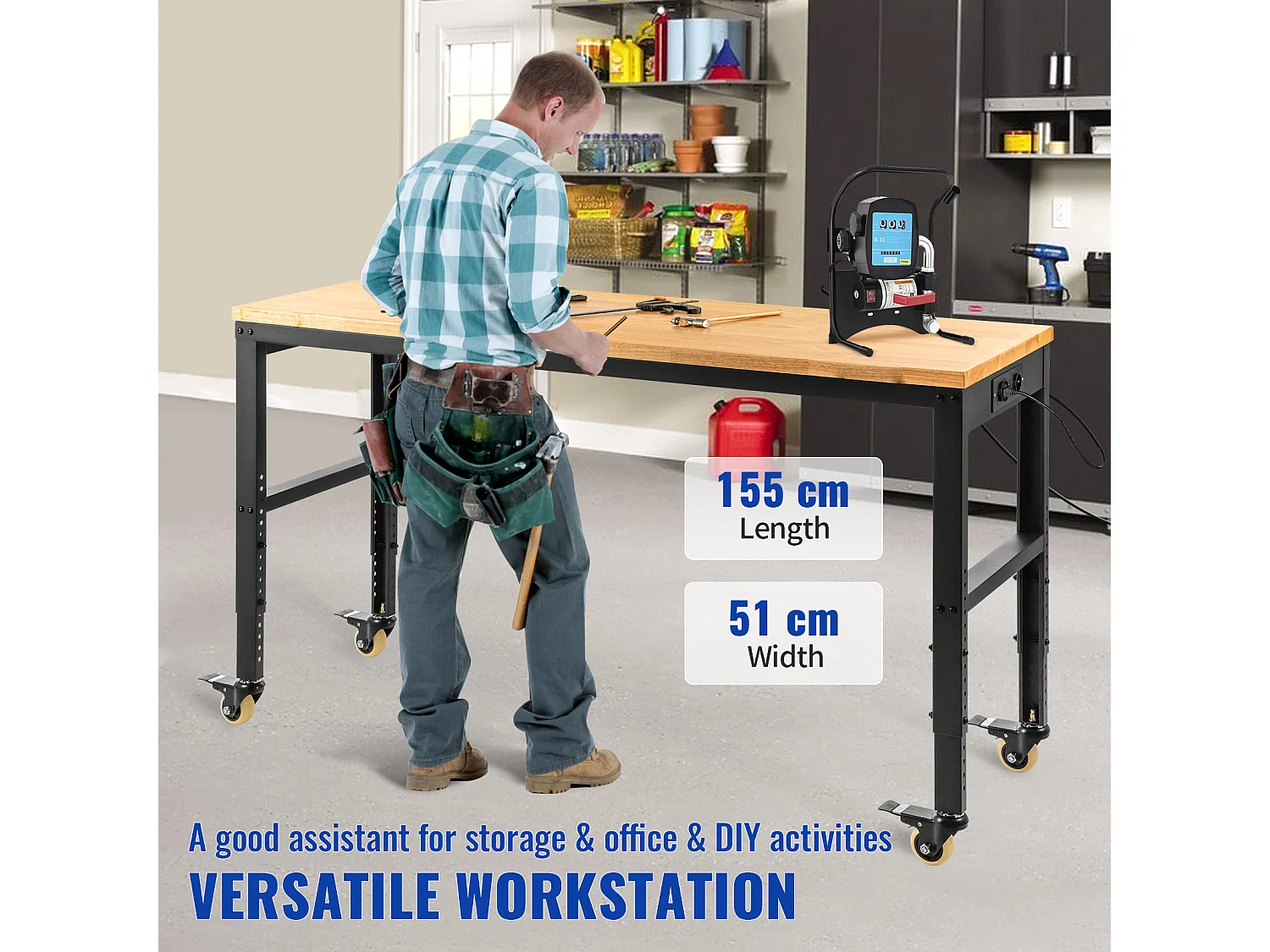 Instelbare Werkbank SucceBuy, 155x51x105 cm, Instelbare Hoogte 80-105 cm, met 4 Rolis voor Reparatie en Doe-het-zelf