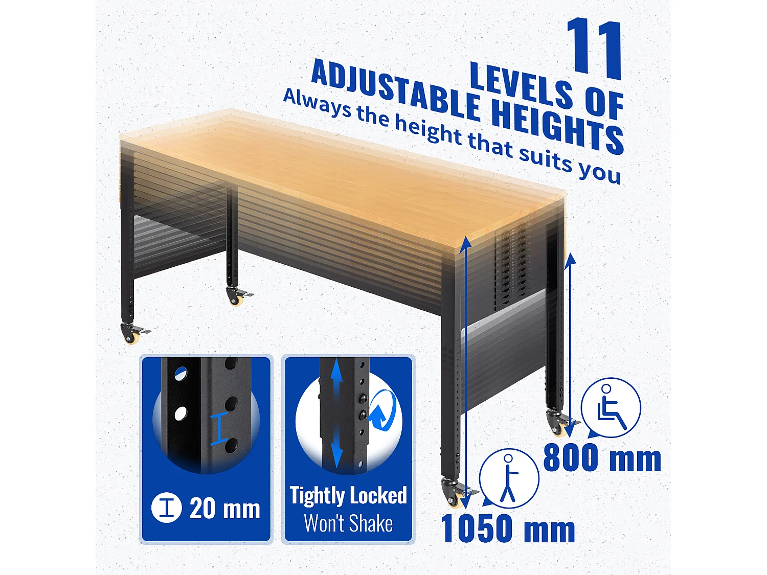 Instelbare Werkbank SucceBuy, 155x51x105 cm, Instelbare Hoogte 80-105 cm, met 4 Rolis voor Reparatie en Doe-het-zelf