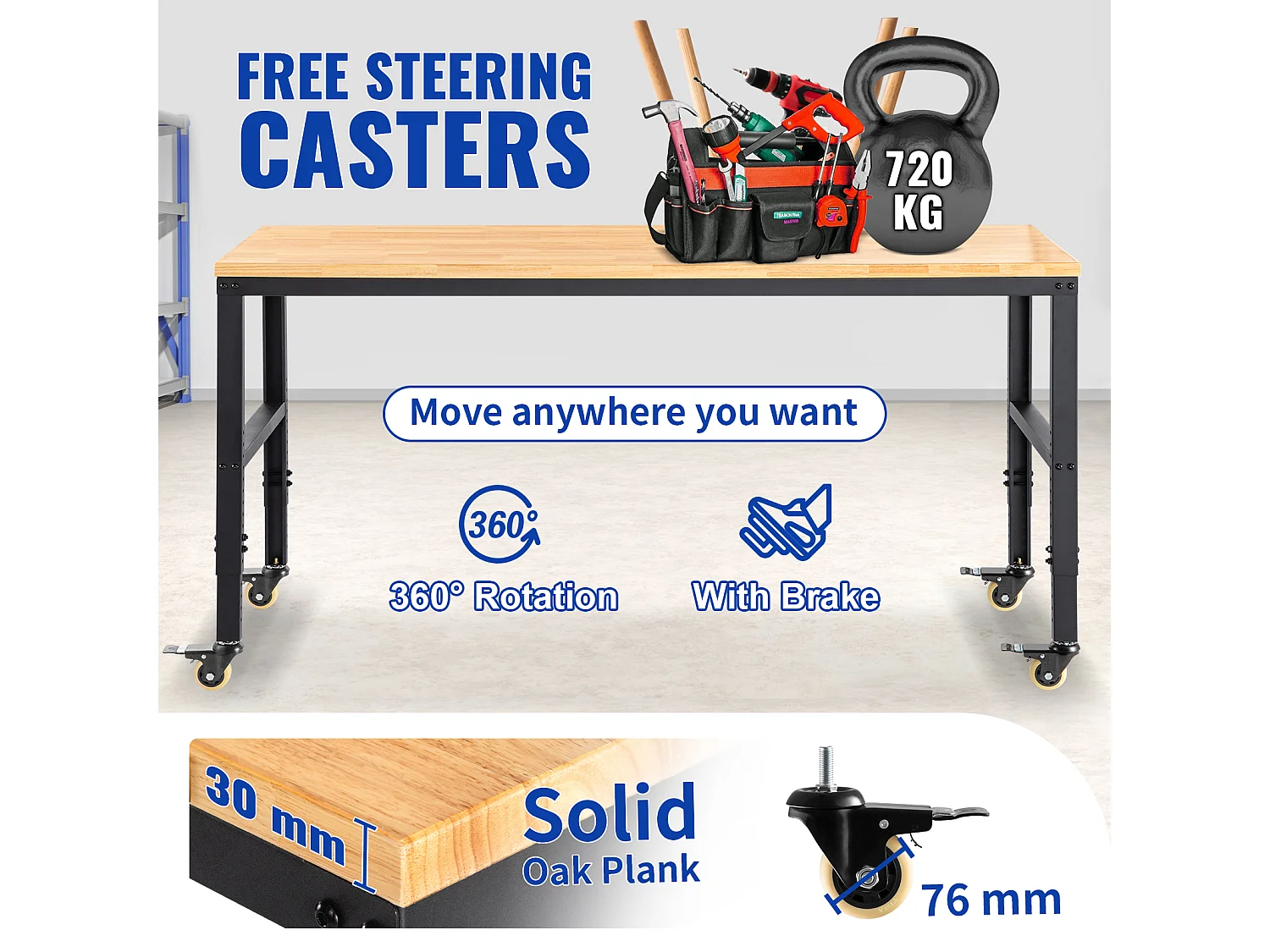 Instelbare Werkbank SucceBuy, 155x51x105 cm, Instelbare Hoogte 80-105 cm, met 4 Rolis voor Reparatie en Doe-het-zelf