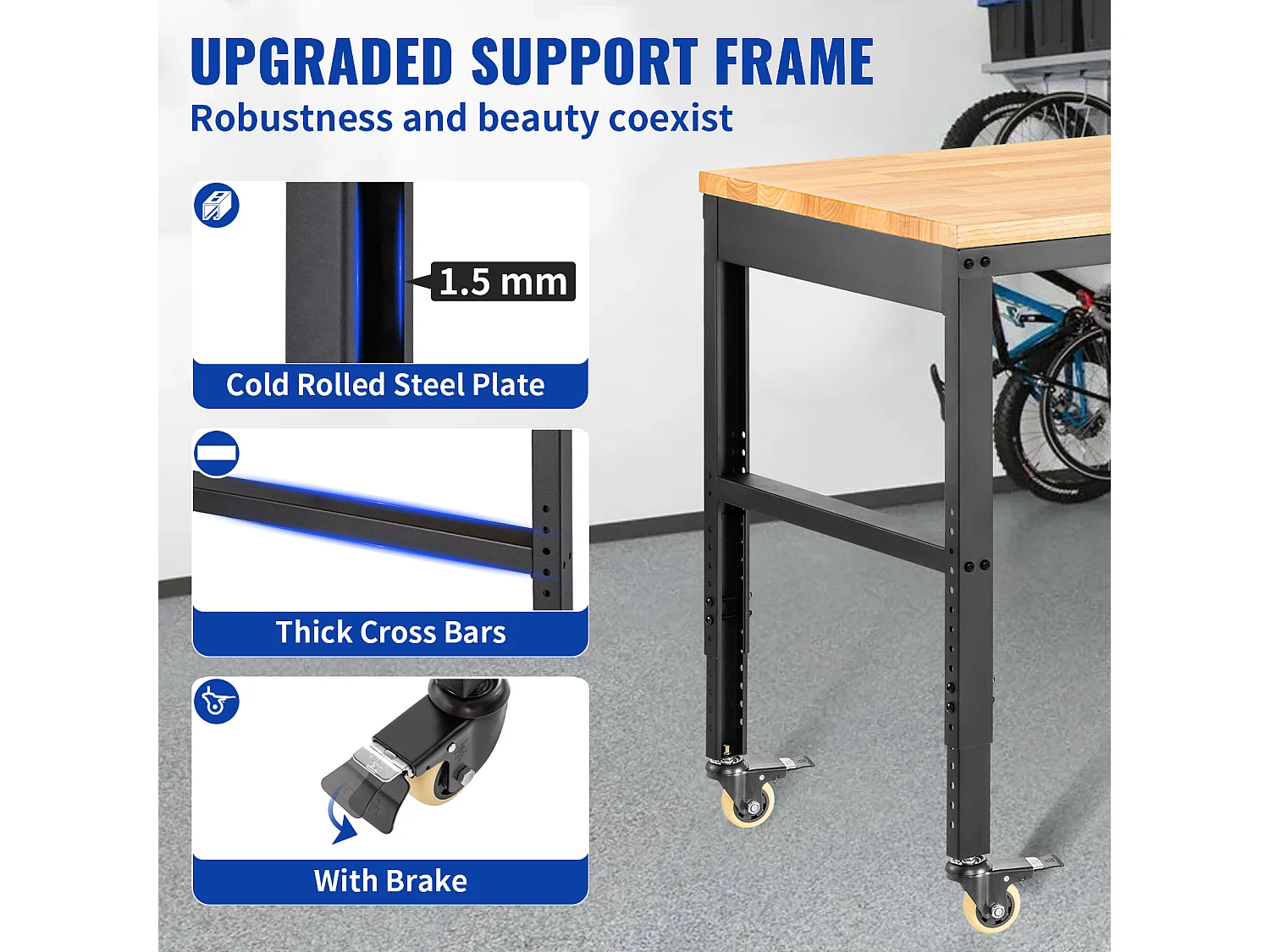Instelbare Werkbank SucceBuy, 155x51x105 cm, Instelbare Hoogte 80-105 cm, met 4 Rolis voor Reparatie en Doe-het-zelf