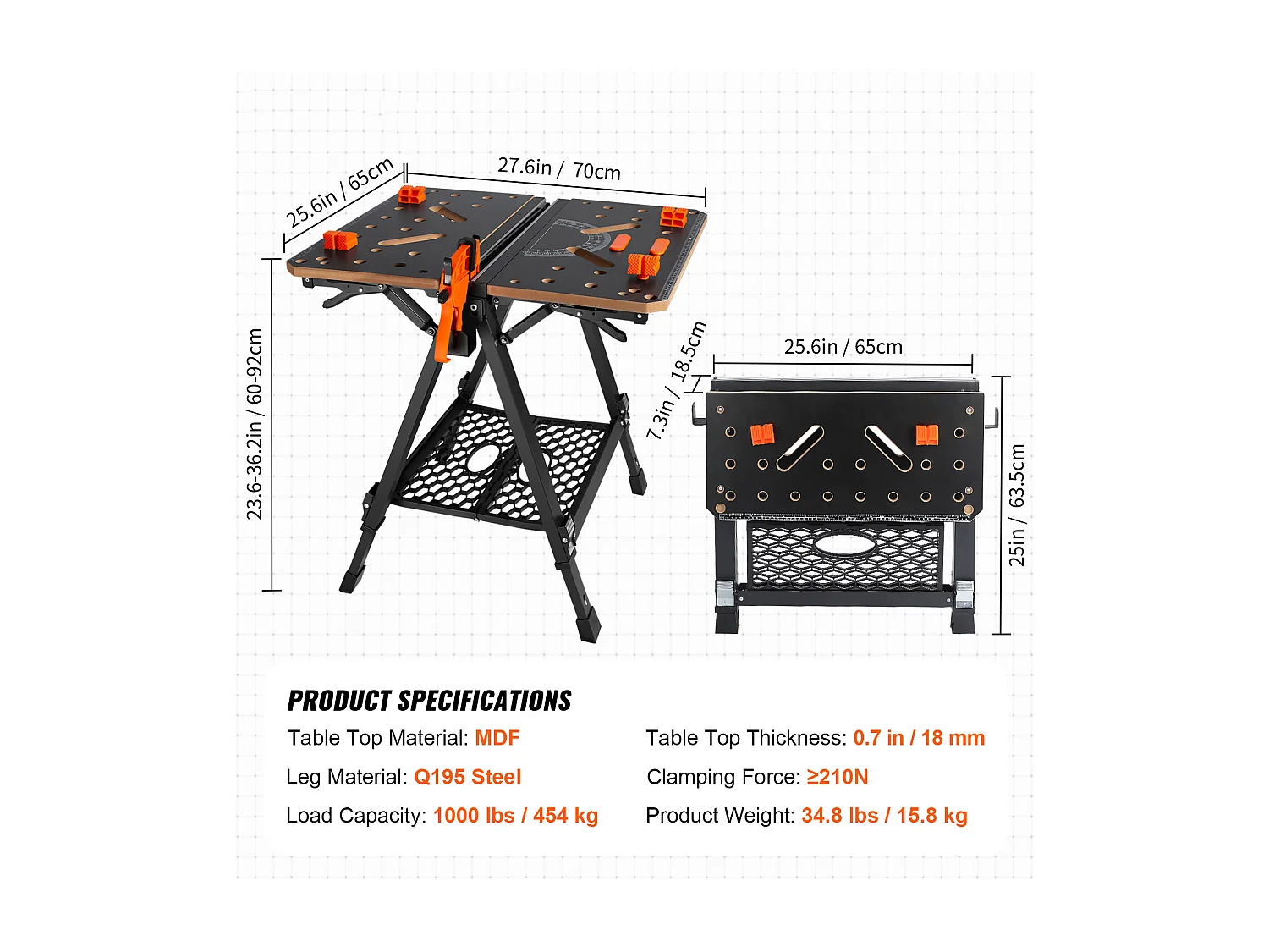Tavolo di Lavoro Pieghevole SucceBuy, Capacità di 1000 lb, Banco di Lavoro Regolabile in Altezza e Supporto