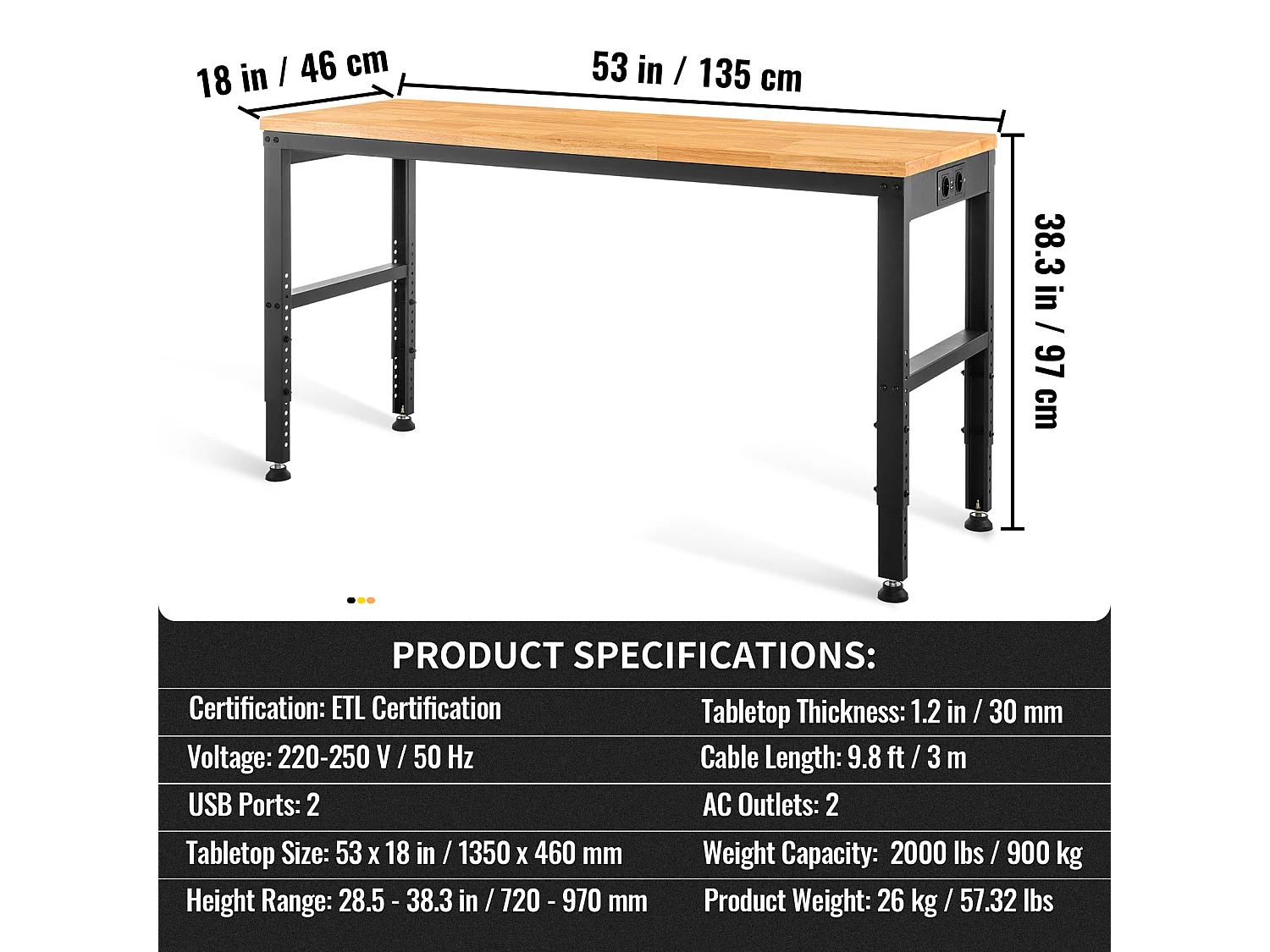 Banco de Trabalho SucceBuy 135x46x97cm com Tomadas de Energia e Mesa Ajustável em Altura