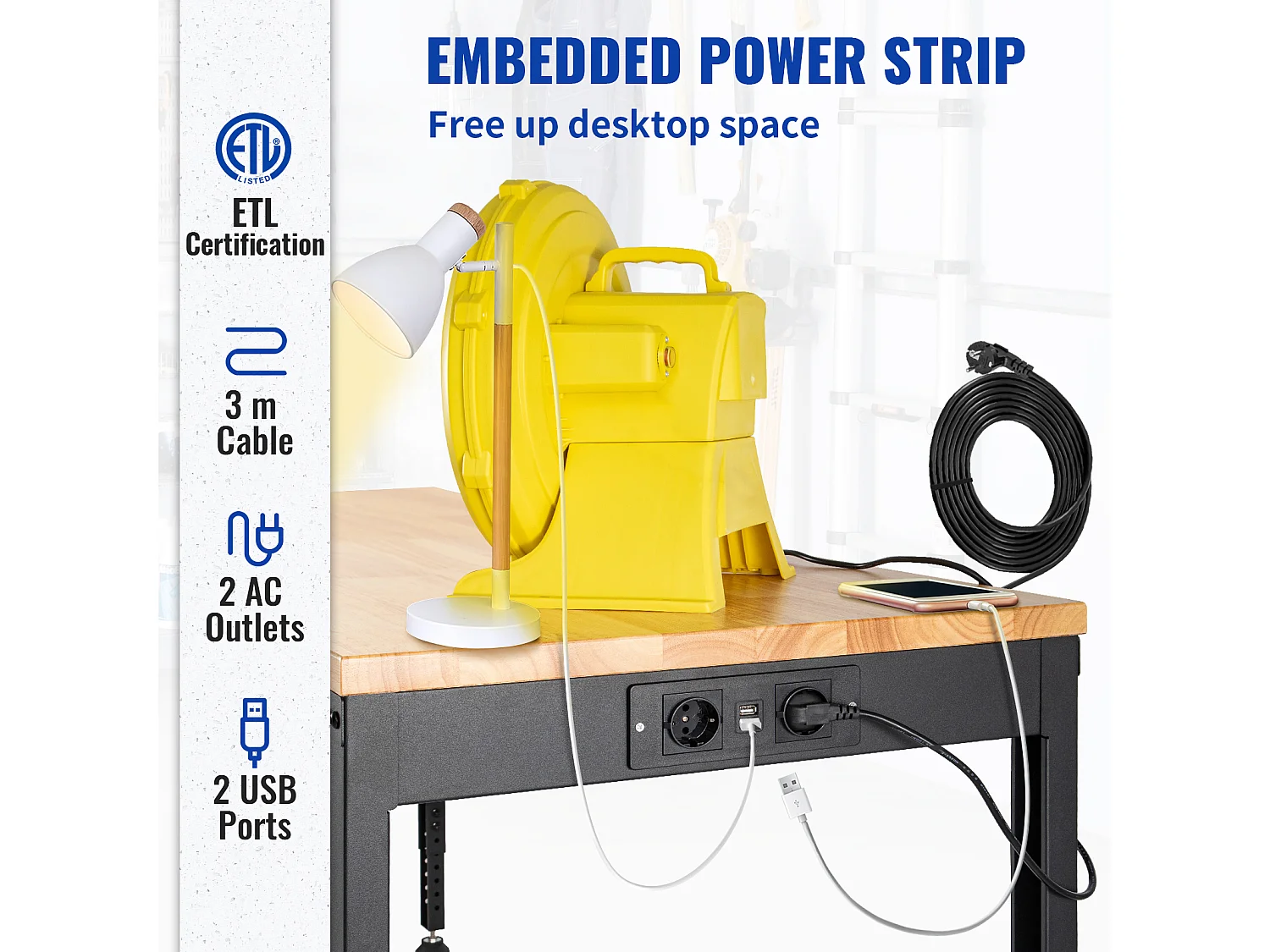 Banco de Trabalho SucceBuy 135x46x97cm com Tomadas de Energia e Mesa Ajustável em Altura