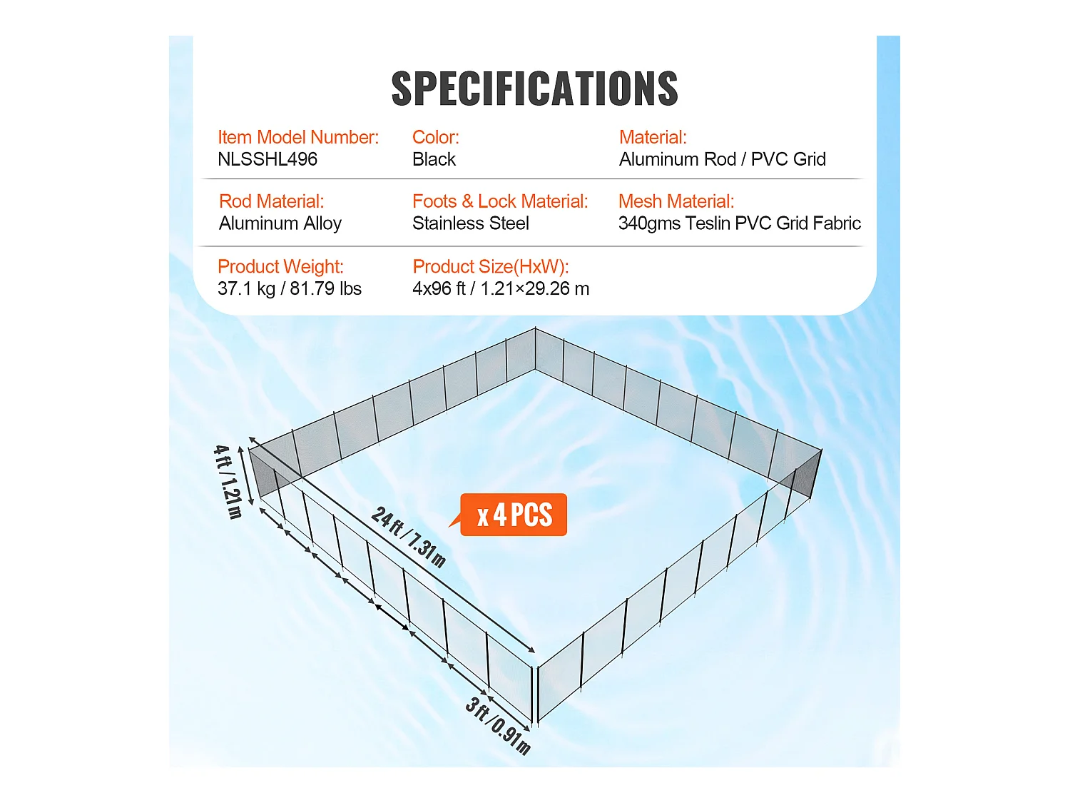 Clôture de Piscine Amovible SucceBuy, Barrière de Piscine Creusée, 121.92 x 2926.08 cm, en Aluminium Tissu Maille PVC Teslin 340 g/m², Utilisation en Extérieur