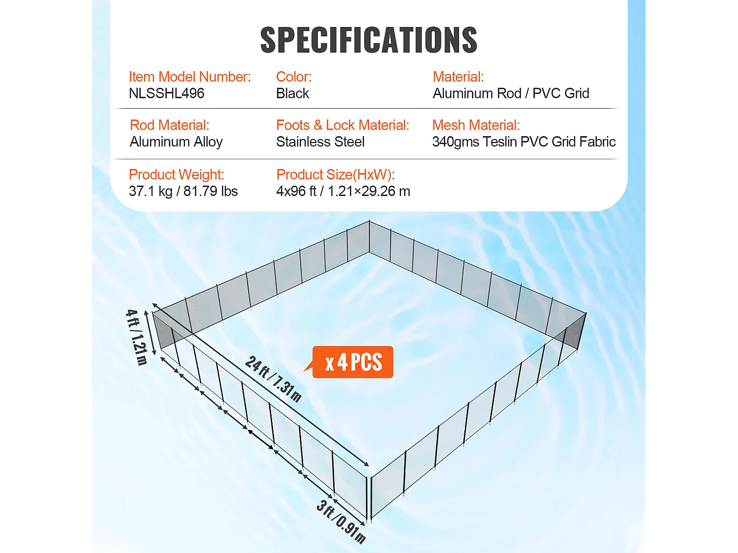 Verplaatsbare Zwembadhek SucceBuy, Barrière voor opgraven Zwembad, 121.92 x 2926.08 cm, van Aluminium Weefsel Gaten PVC Teslin 340 g/m², Buitenebruik