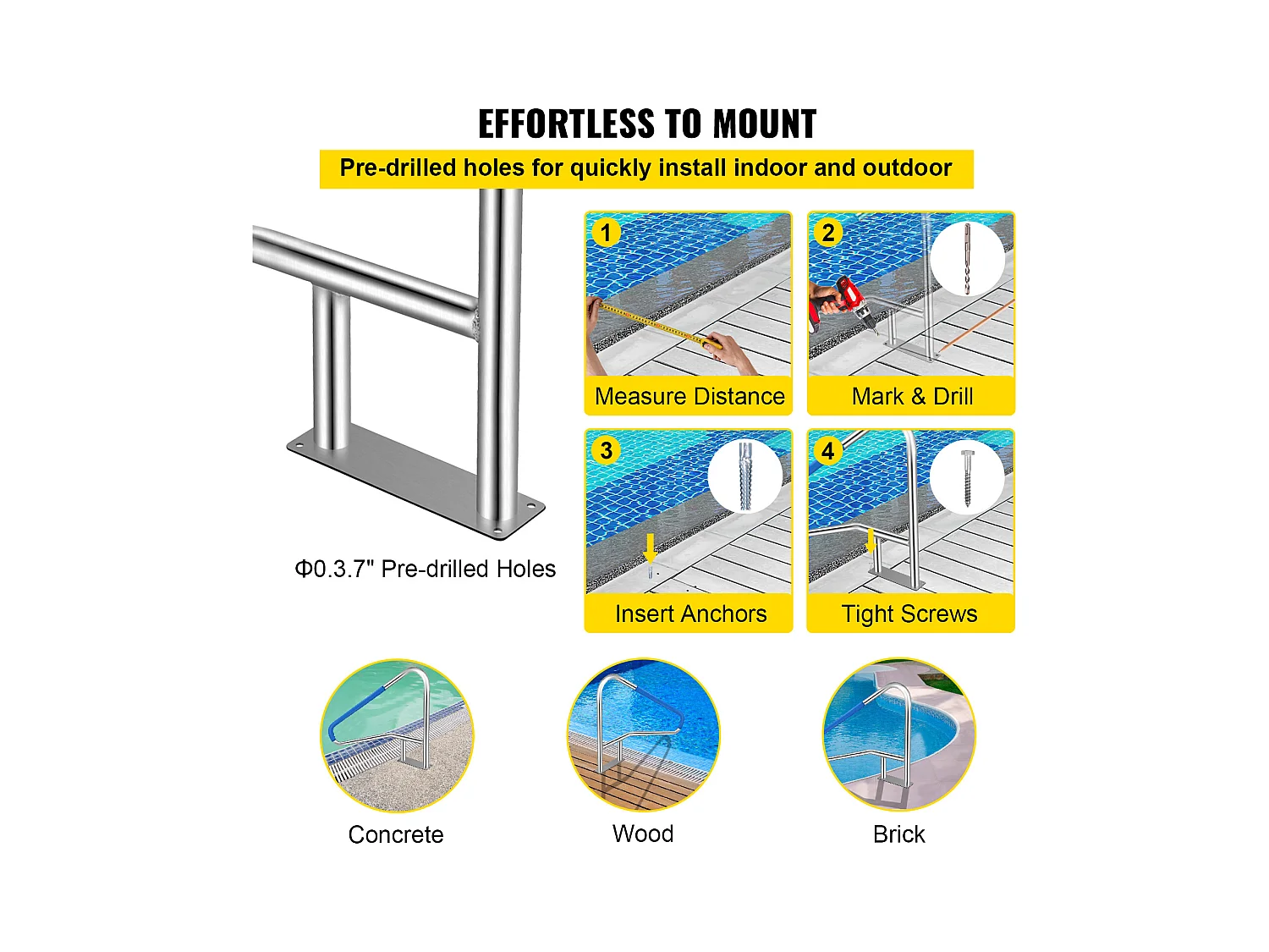 Rampe de Piscine SucceBuy 55 x 32 Po en Acier Inoxydable avec Revêtement Antidérapant