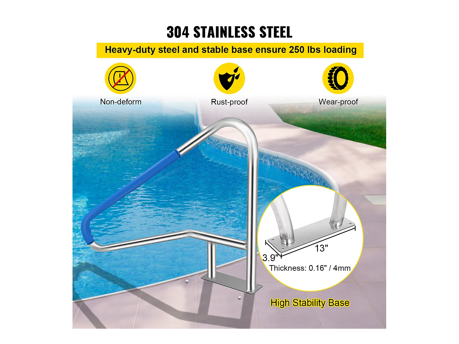 Rampe de Piscine SucceBuy 55 x 32 Po en Acier Inoxydable avec Revêtement Antidérapant