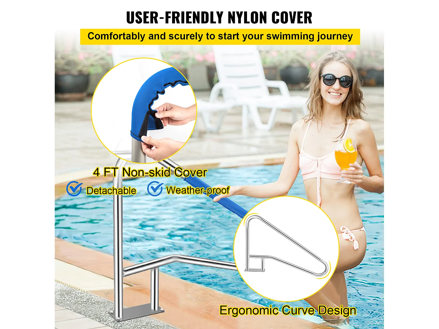 Rampe de Piscine SucceBuy 55 x 32 Po en Acier Inoxydable avec Revêtement Antidérapant