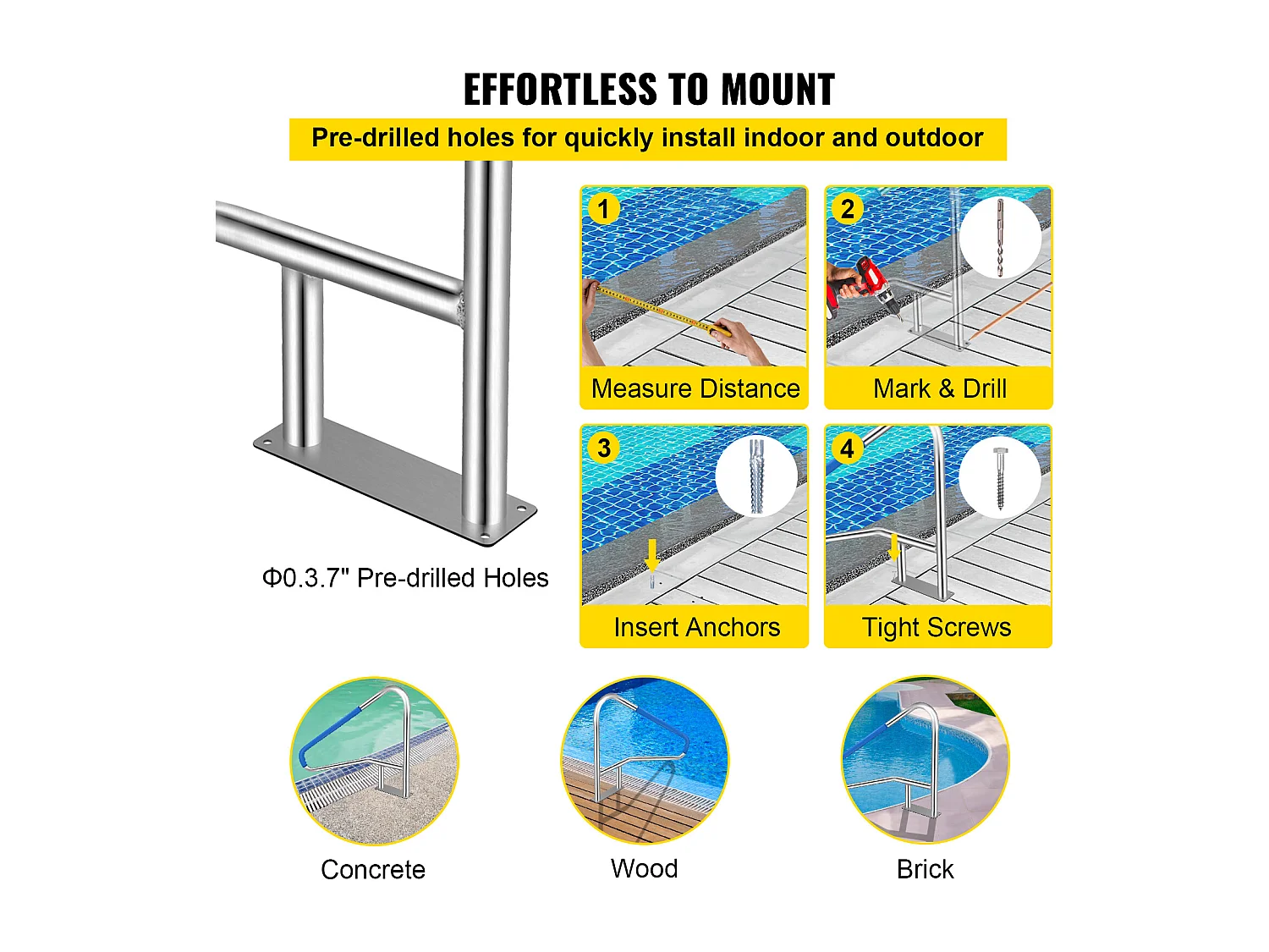 Rampe de Piscine SucceBuy 55 x 32 Po en Acier Inoxydable avec Revêtement Antidérapant