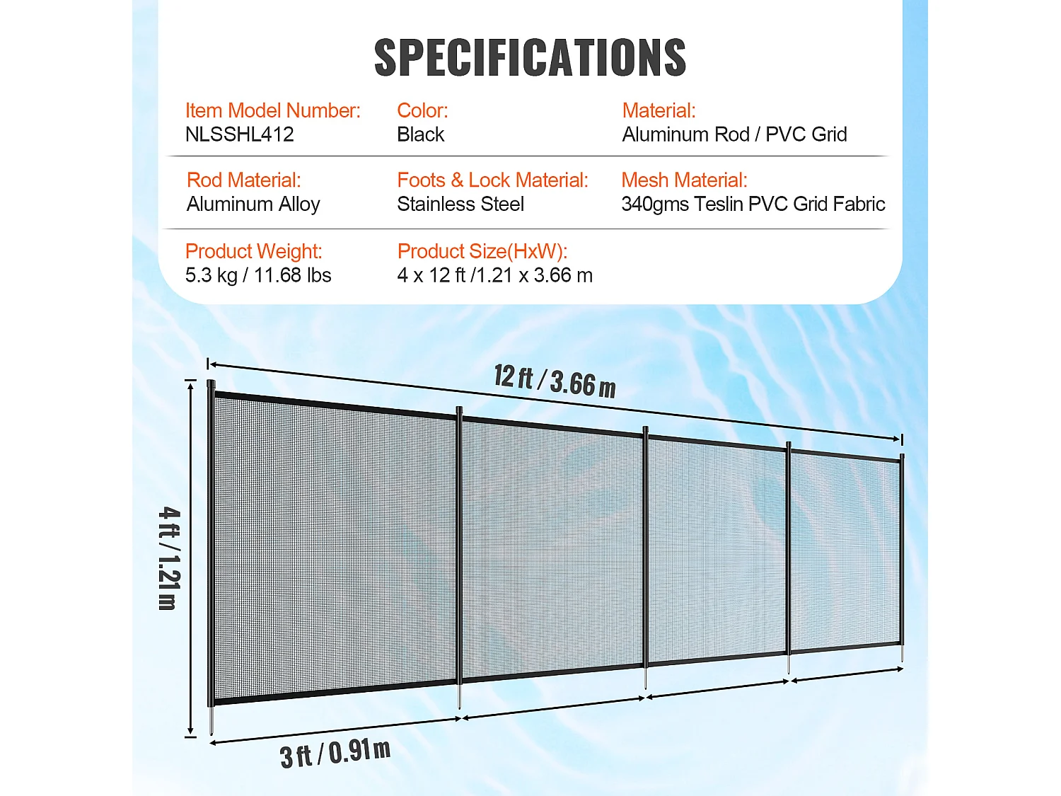 Cerca de Piscina SucceBuy, Cerca Removible de Seguridad Plegable, Barrera de Piscina Excavada, 1,21x3,66 m, 340 g/m², para Protección de Niños y Animales