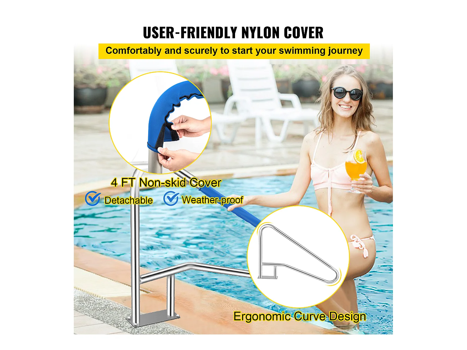 Rampe de Piscine SucceBuy Pool Rail 54x36" Balustrade de Piscine en Acier Inoxydable avec Couvercle à Poignée