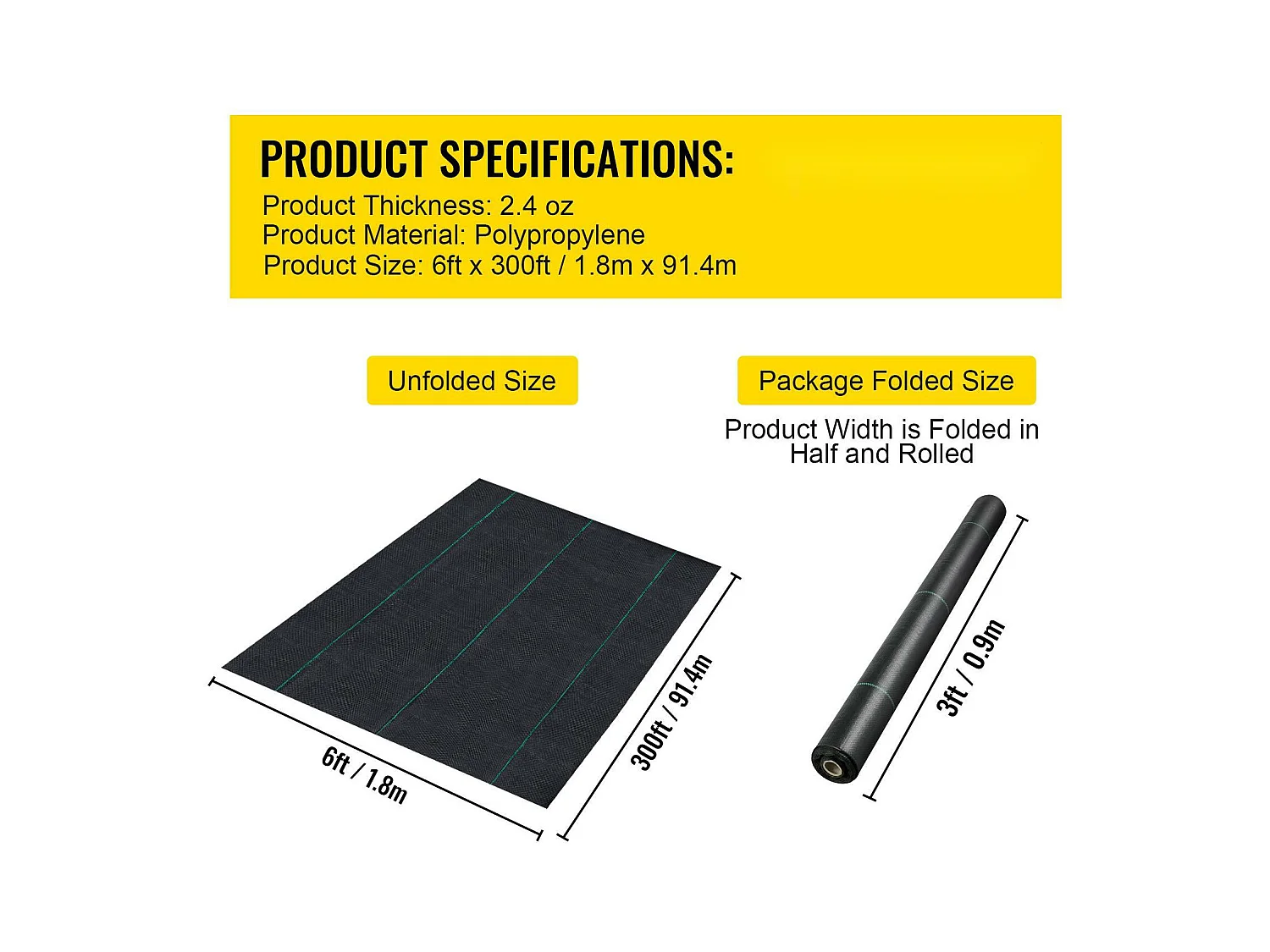 Toile de Paillage，SucceBuy 91.44 x 1.83 m Barrière Anti-mauvaises Herbes , Couvre-sol Tissé en PP Robuste