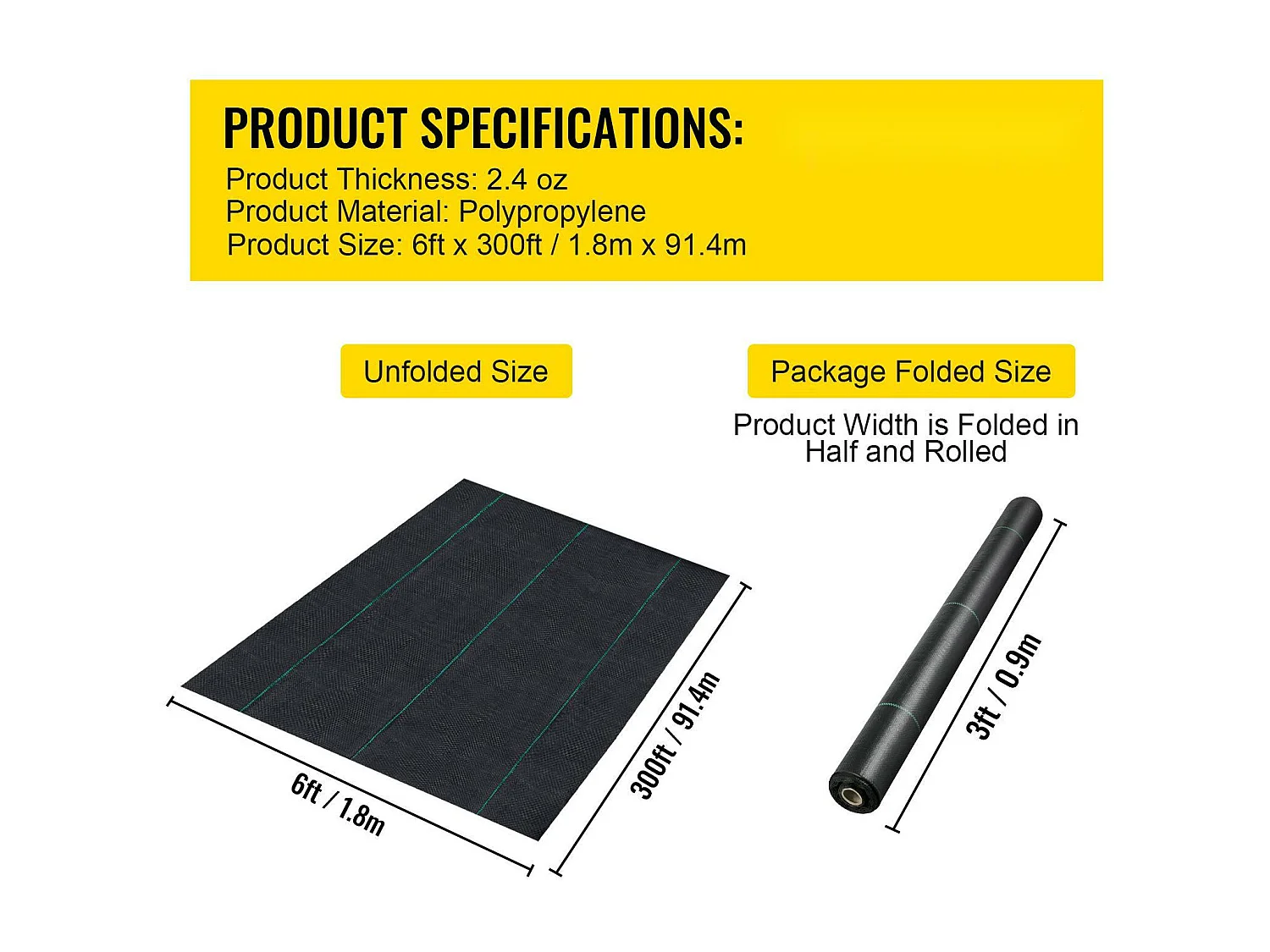 Toile de Paillage，SucceBuy 91.44 x 1.83 m Barrière Anti-mauvaises Herbes , Couvre-sol Tissé en PP Robuste