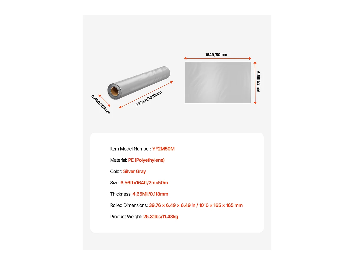 Rouleau de Feuille de Plastique SucceBuy 8 Mil 2 x 50 m en Polyéthylène Robuste Gris